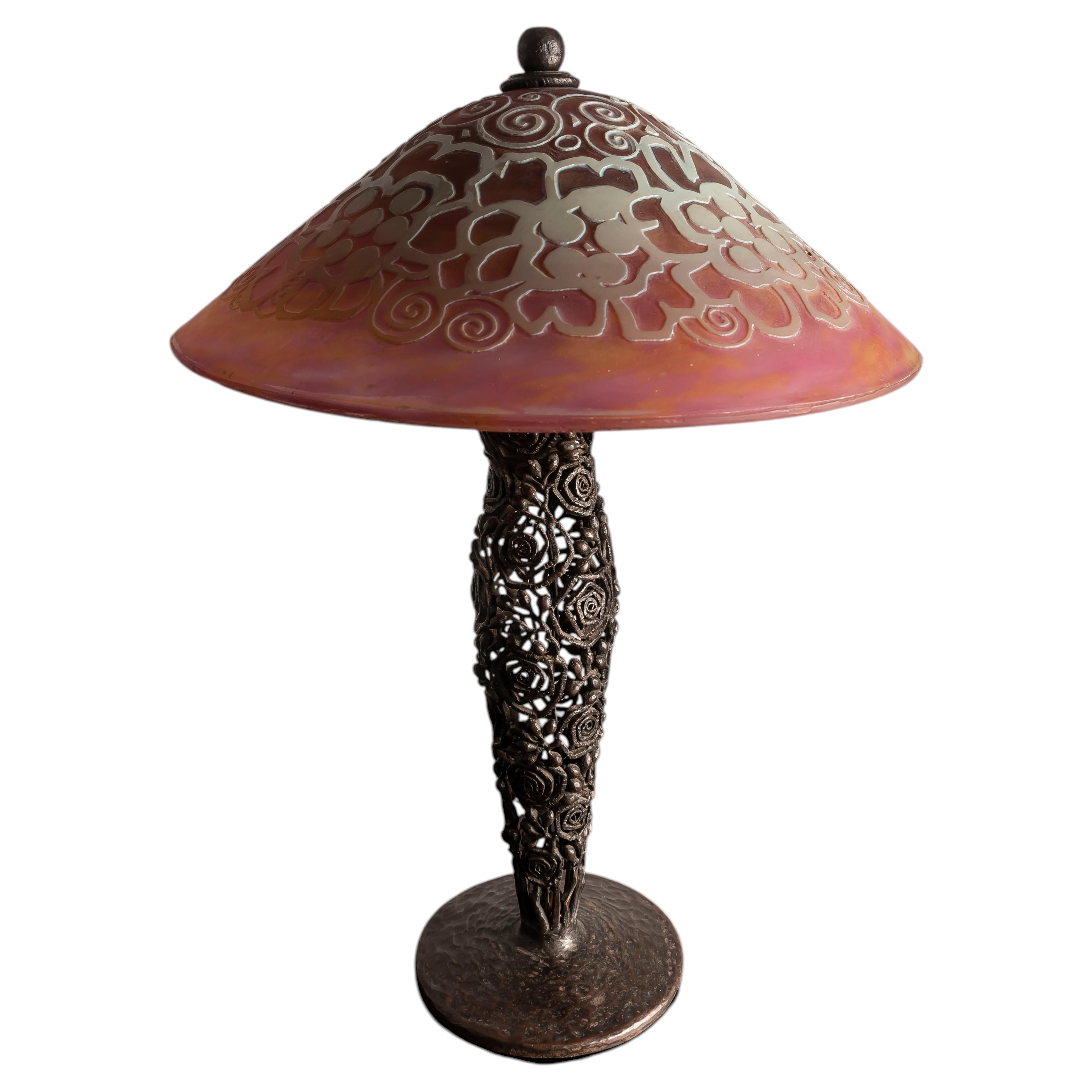 Rare Edgar Brandt and Daum Nancy Art Deco Table Lamp, France, circa 1930s