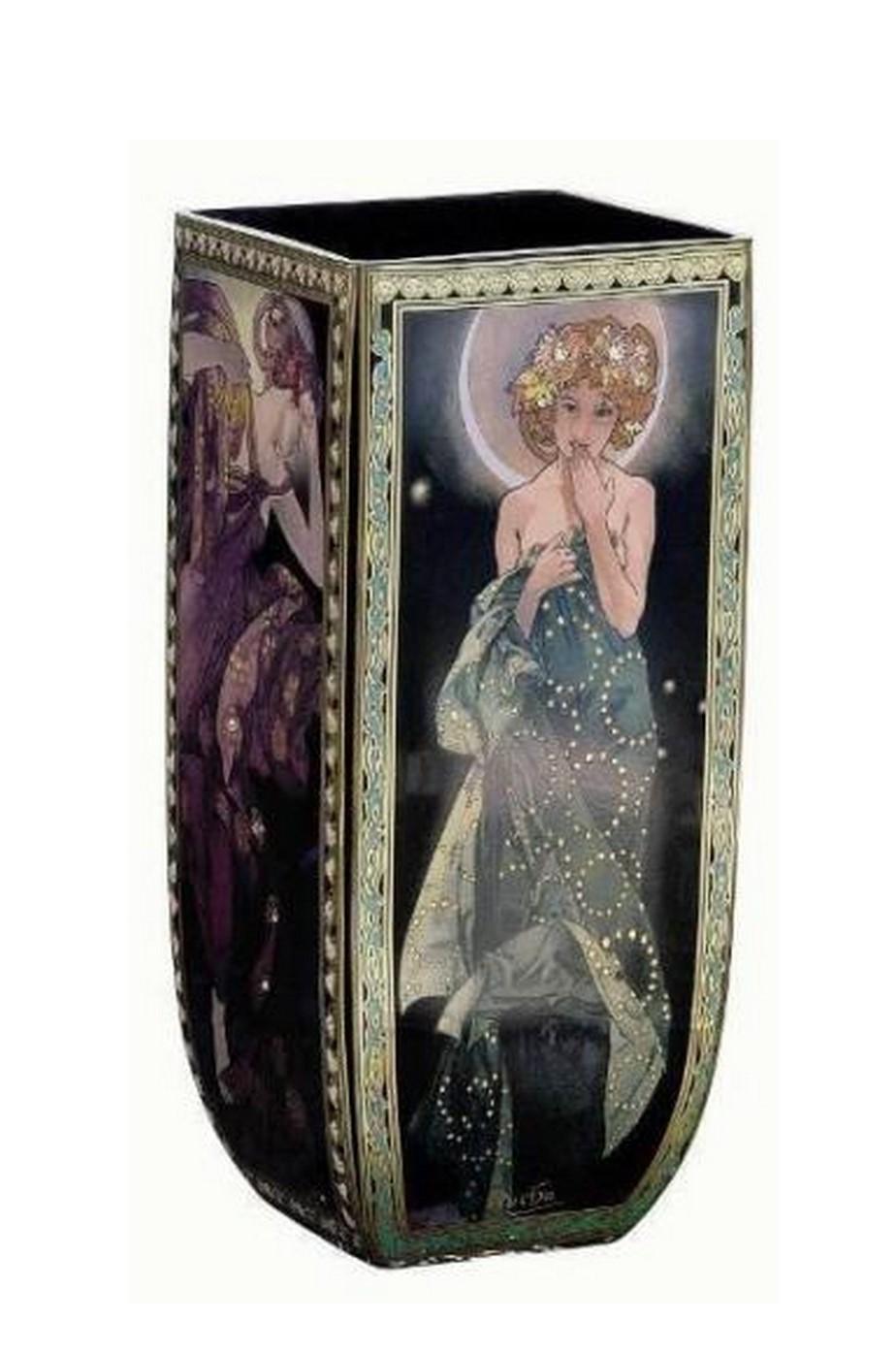 The Following Item we are offering is a STUNNING AND MAGNIFICENT Large Alphonse Mucha Four Sided Black Glass Vase 