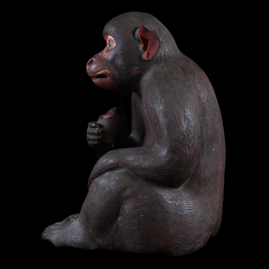 Rare Edo Period traditional Dojin-yaki finely Carved Monkey Figurine For Sale 5