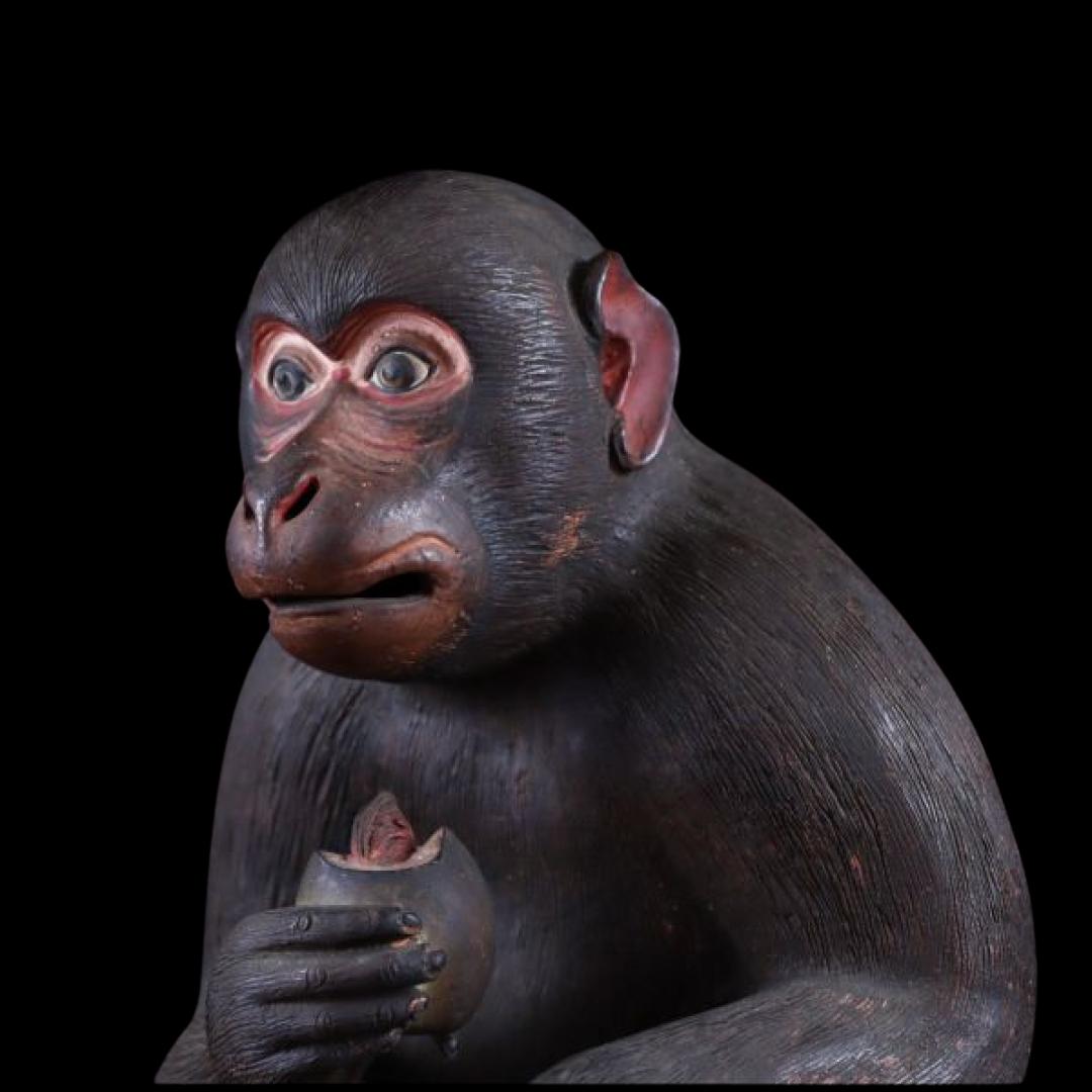 Hand-Crafted Rare Edo Period traditional Dojin-yaki finely Carved Monkey Figurine For Sale