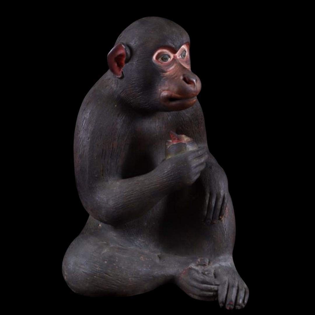 18th Century and Earlier Rare Edo Period traditional Dojin-yaki finely Carved Monkey Figurine For Sale