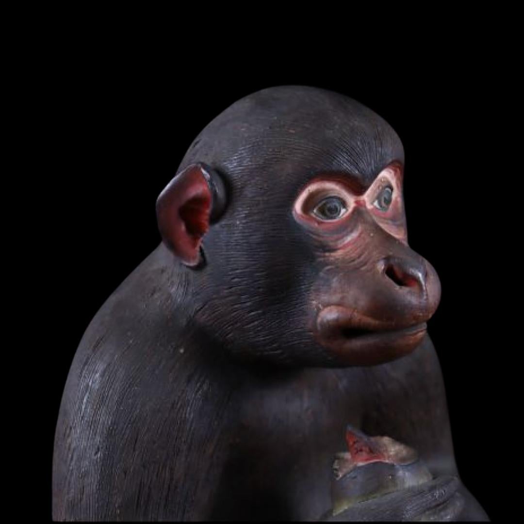 Clay Rare Edo Period traditional Dojin-yaki finely Carved Monkey Figurine For Sale