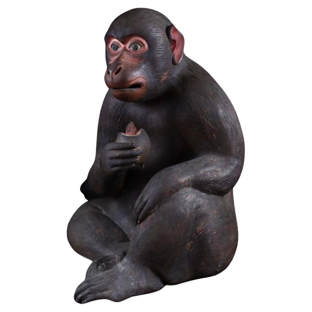 Rare Edo Period traditional Dojin-yaki finely Carved Monkey Figurine