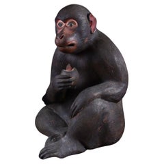 Rare Edo Period traditional Dojin-yaki finely Carved Monkey Figurine