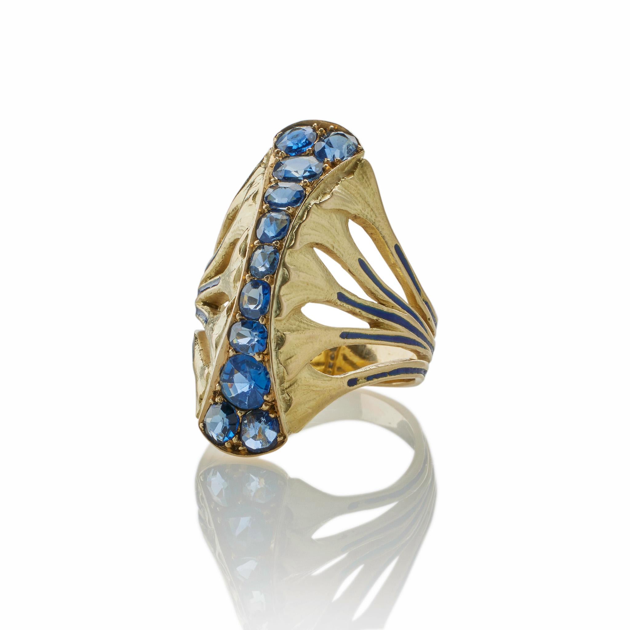 Art Nouveau Rare Edouard de Martilly Paris Sapphire and Enamel Lotus Flower Ring For Sale