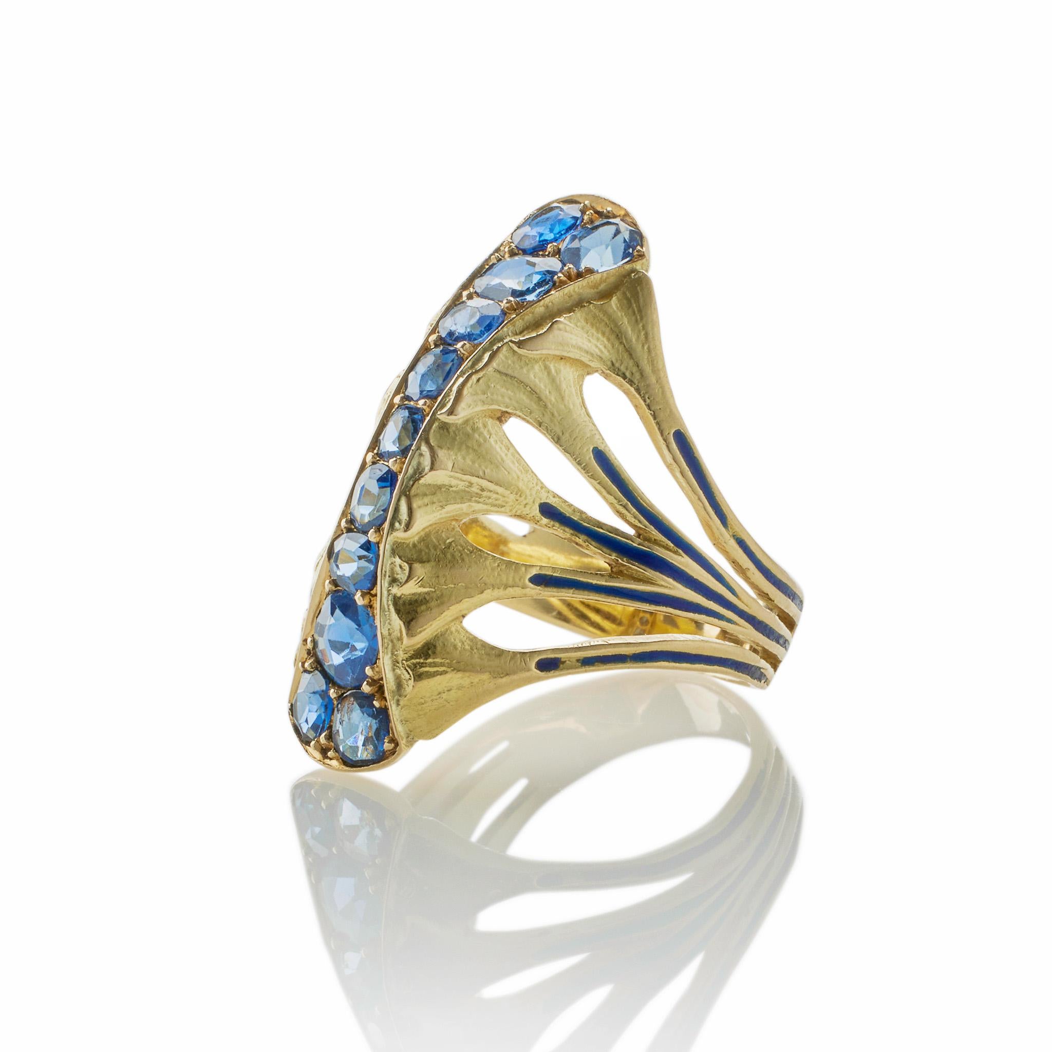 Round Cut Rare Edouard de Martilly Paris Sapphire and Enamel Lotus Flower Ring For Sale