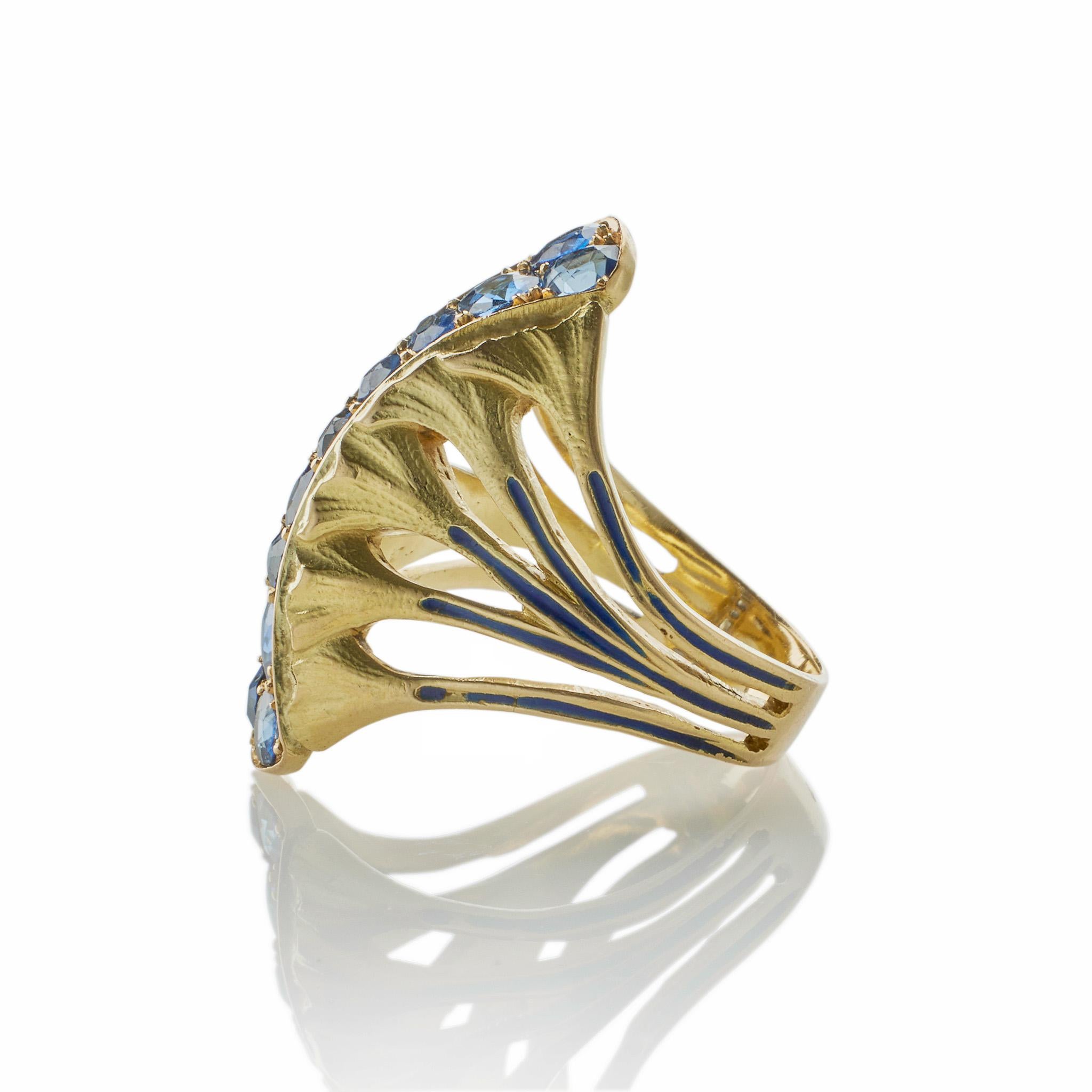 Rare Edouard de Martilly Paris Sapphire and Enamel Lotus Flower Ring In Excellent Condition For Sale In New York, NY