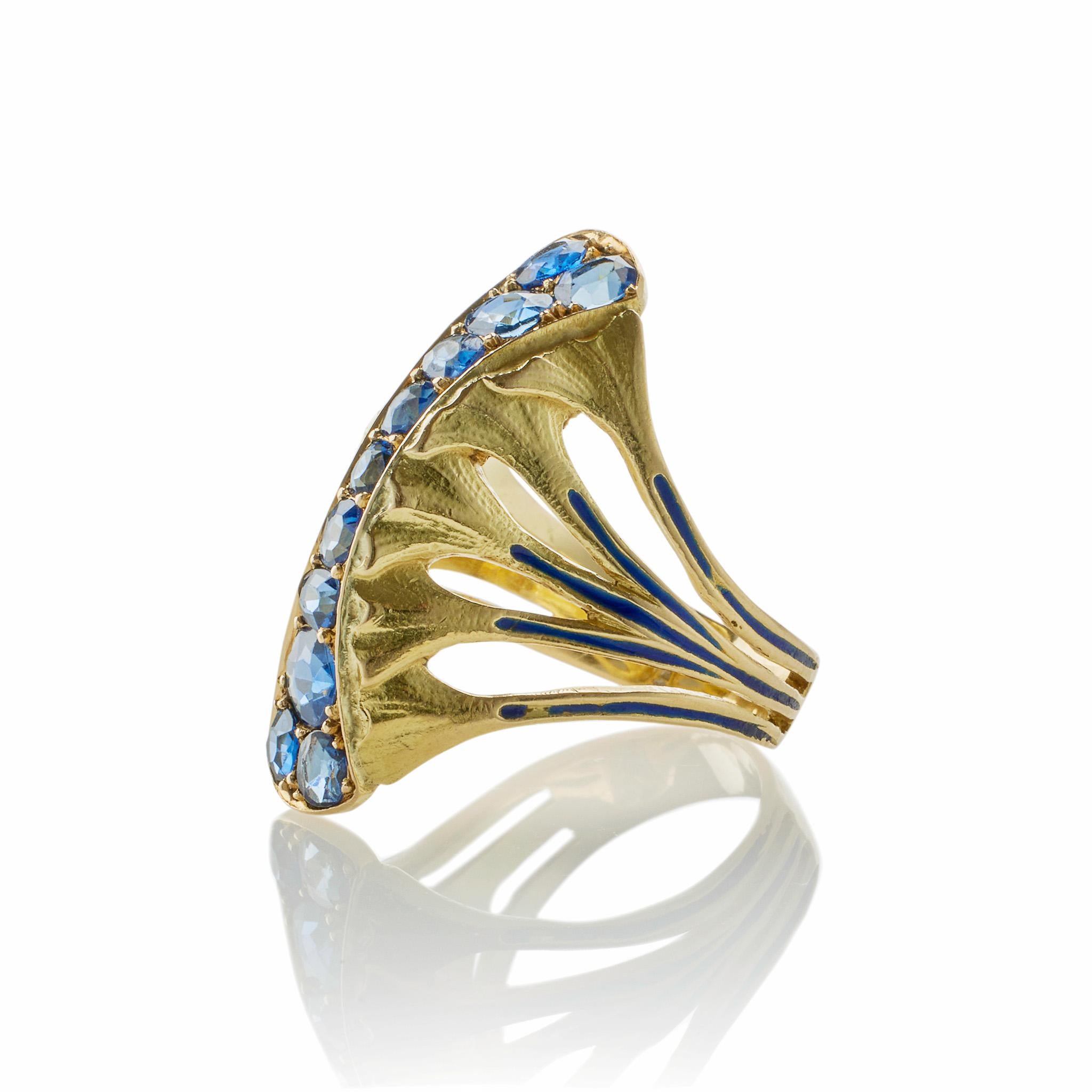 Women's or Men's Rare Edouard de Martilly Paris Sapphire and Enamel Lotus Flower Ring For Sale