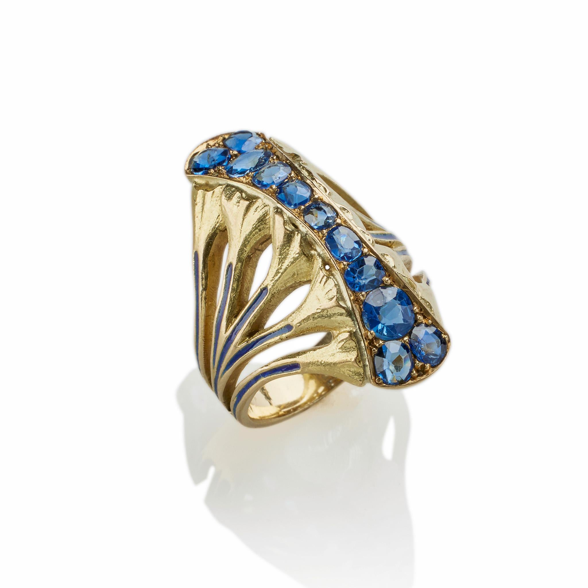 Rare Edouard de Martilly Paris Sapphire and Enamel Lotus Flower Ring For Sale 2