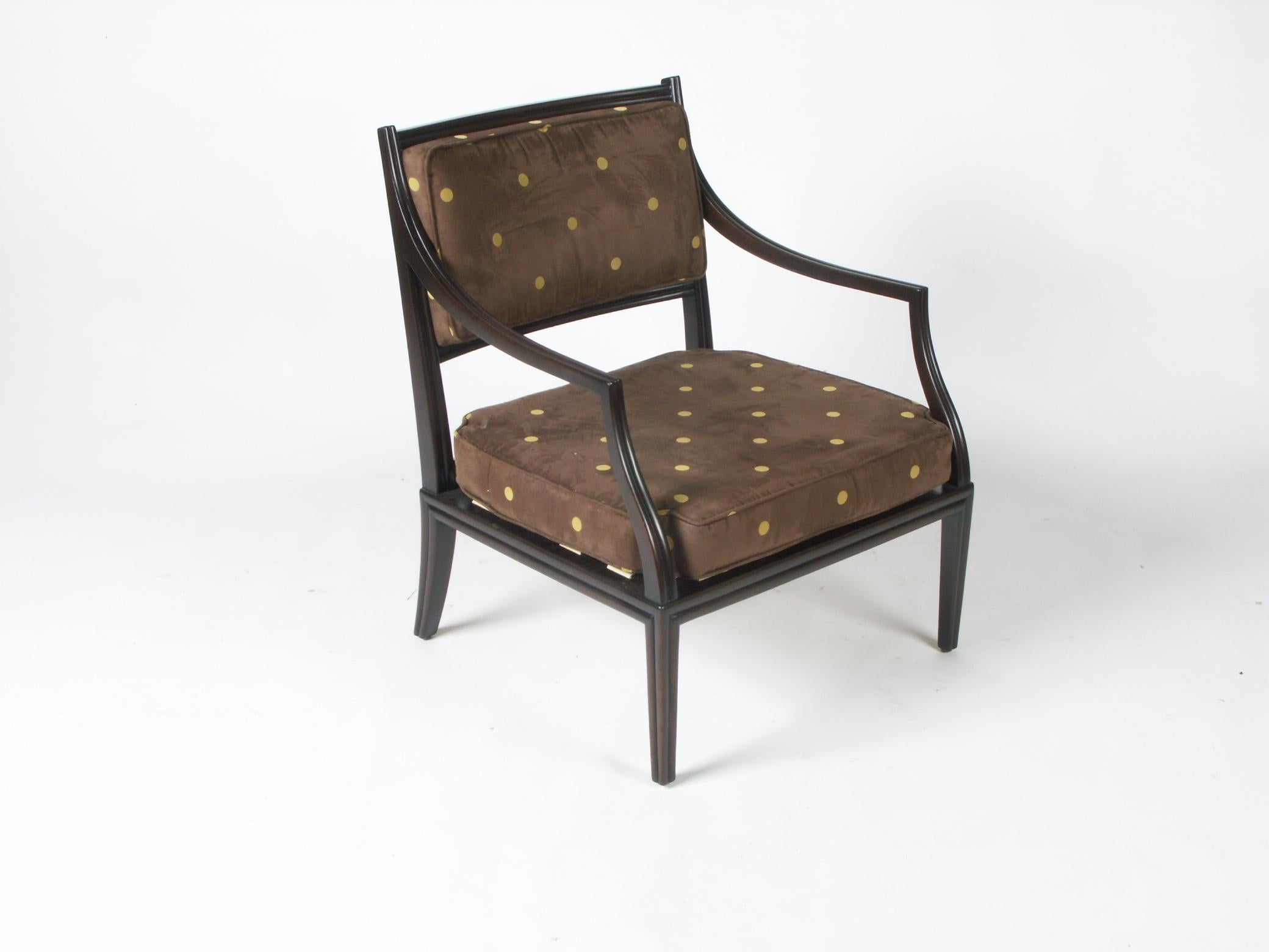 Edward Wormley for Dunbar lounge chair. Model number 6309, part of the Today and Tomorrow collection, circa 1963. Beautiful channeled mahogany frame with ultra suede seat and back cushions. Newly upholstered in chocolate brown ultrasuede with dijon