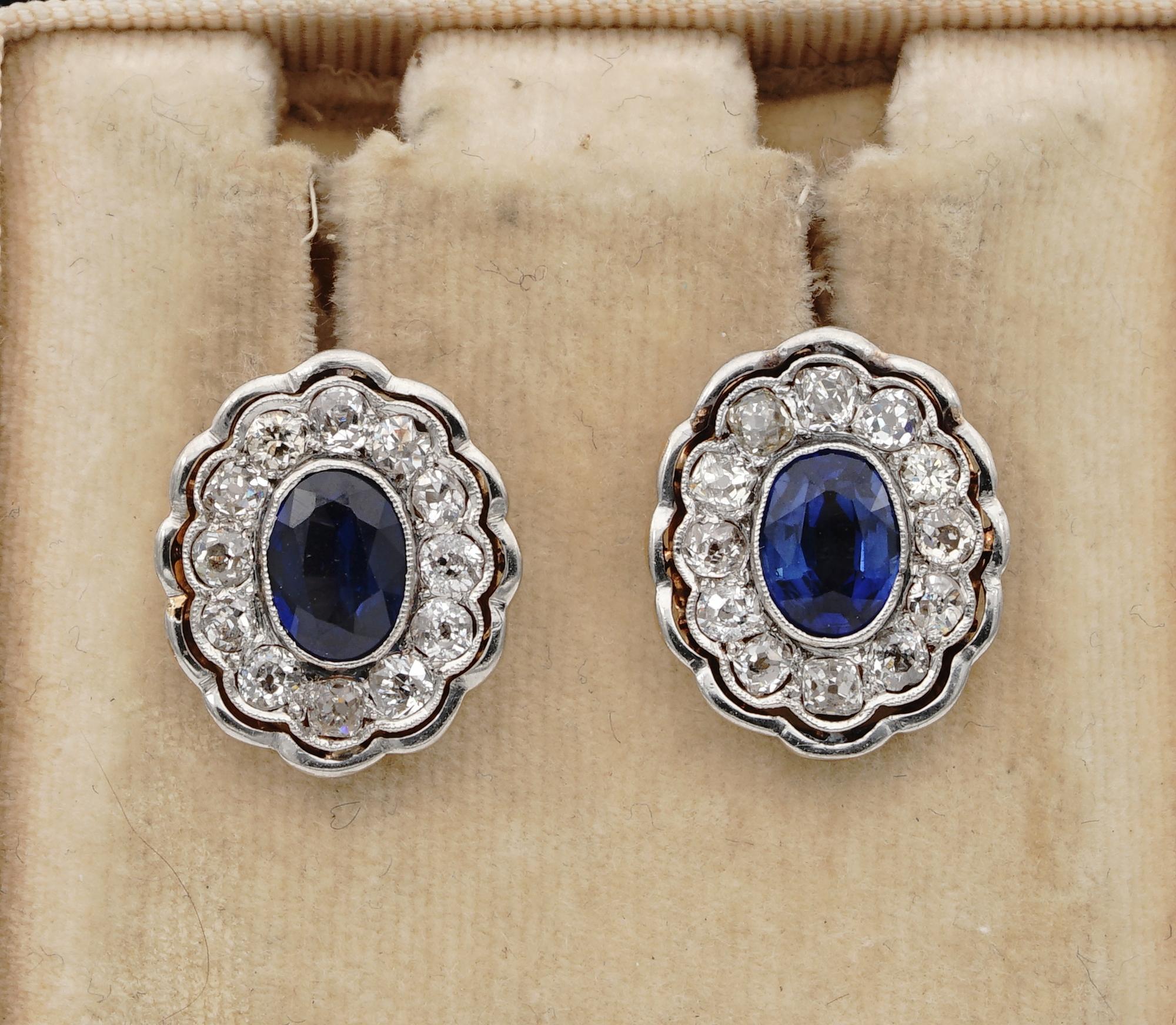 The rarity in Nature!

Rare, adorable, authentic Edwardian period Diamond and Sapphire ear studs
Masterfully hand crafted of solid 18 KT gold and Platinum
The shape takes inspiration by the centre mother nature gift which are two 100% NATURAL NO