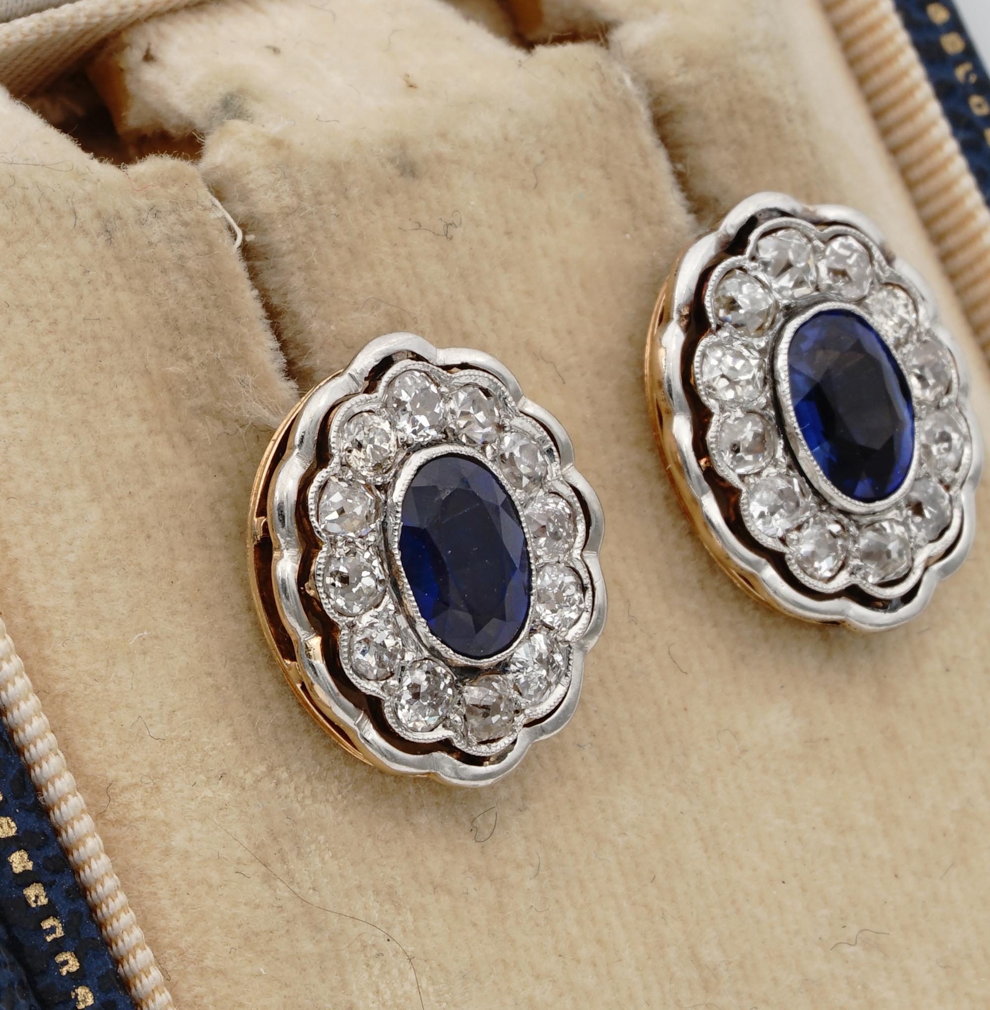 Women's Rare Edwardian 2.60 Carat Natural Ceylon Sapphire 3.0 Ct Old Diamond Ear Rings For Sale