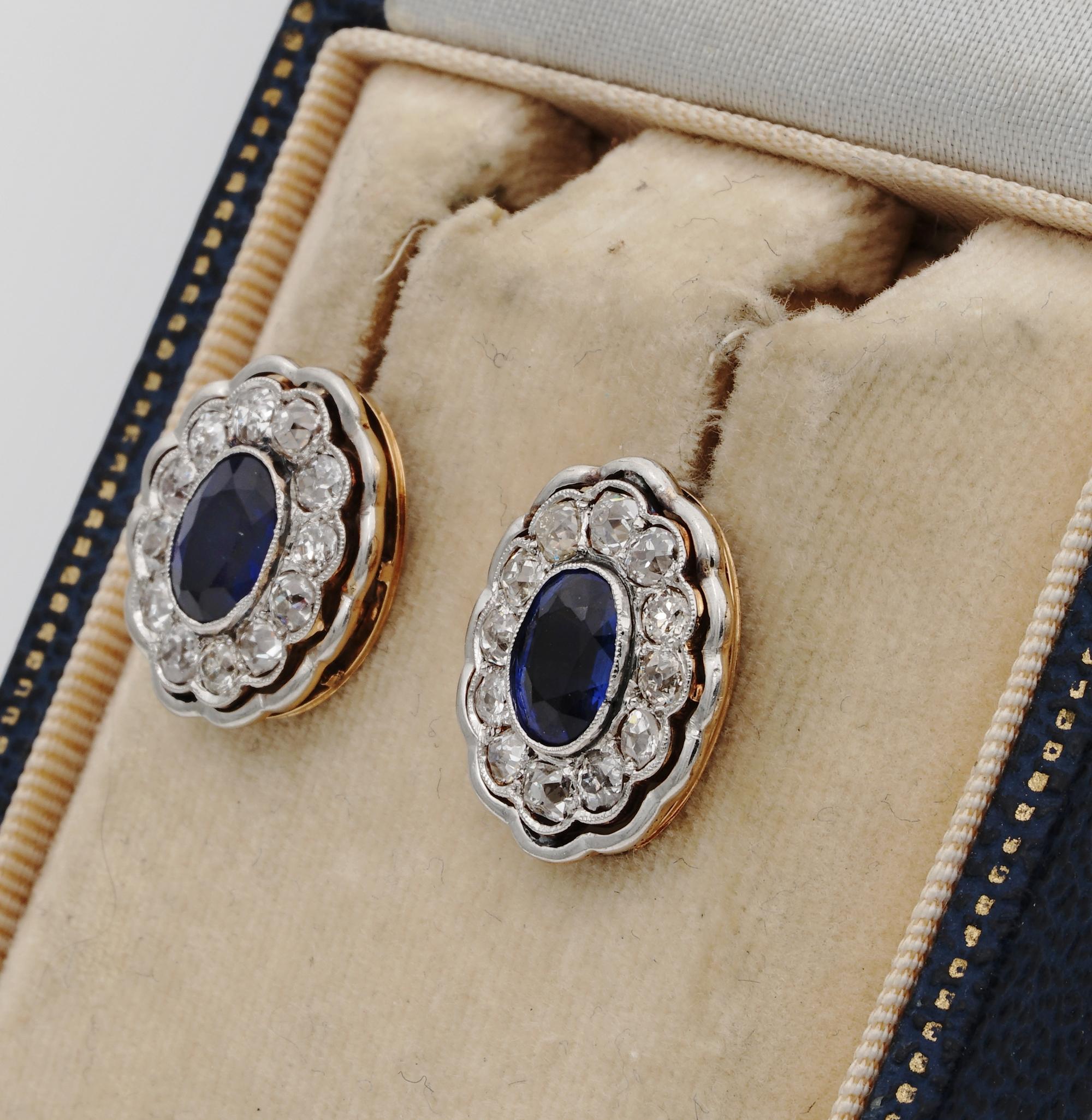 Rare Edwardian 2.60 Carat Natural Ceylon Sapphire 3.0 Ct Old Diamond Ear Rings For Sale 2