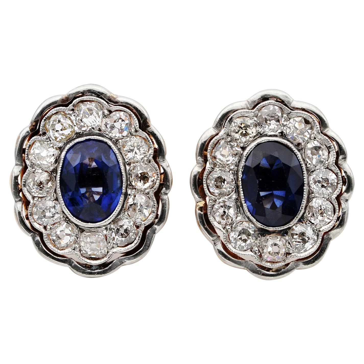 Rare Edwardian 2.60 Carat Natural Ceylon Sapphire 3.0 Ct Old Diamond Ear Rings For Sale