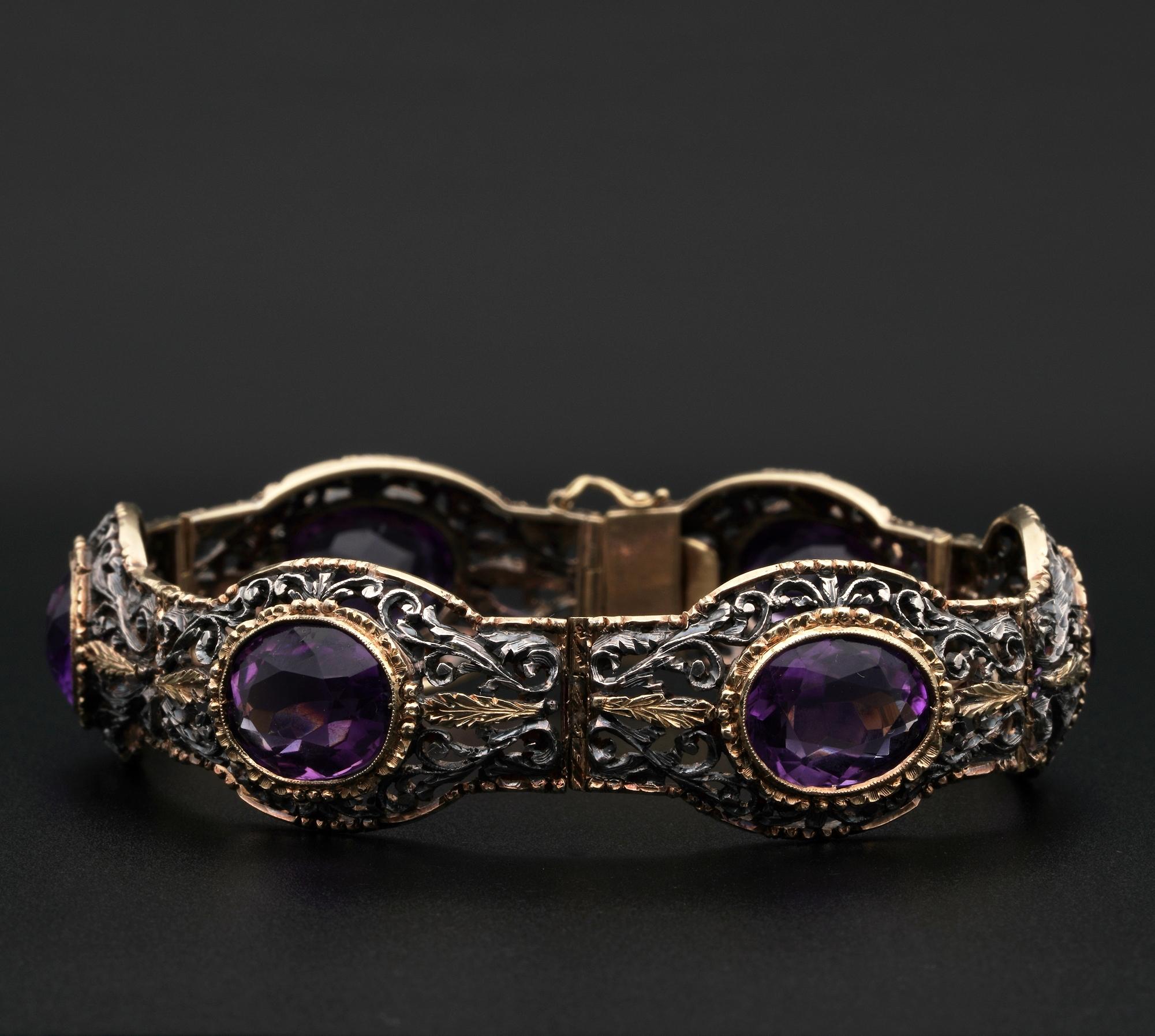 Rare Treasure

Not easy to come across antique bold pieces as beautiful as this bracelet
Edwardian masterpiece, original 1900 ca all crated of solid gold with some portions overlaid in silver creating amazing contrast, both acid tested and