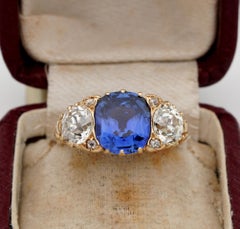 Rare Edwardian 3.48 Ct NO Heat Ceylon Sapphire 2.25 Ct Diamond Plus Trilogy Ring