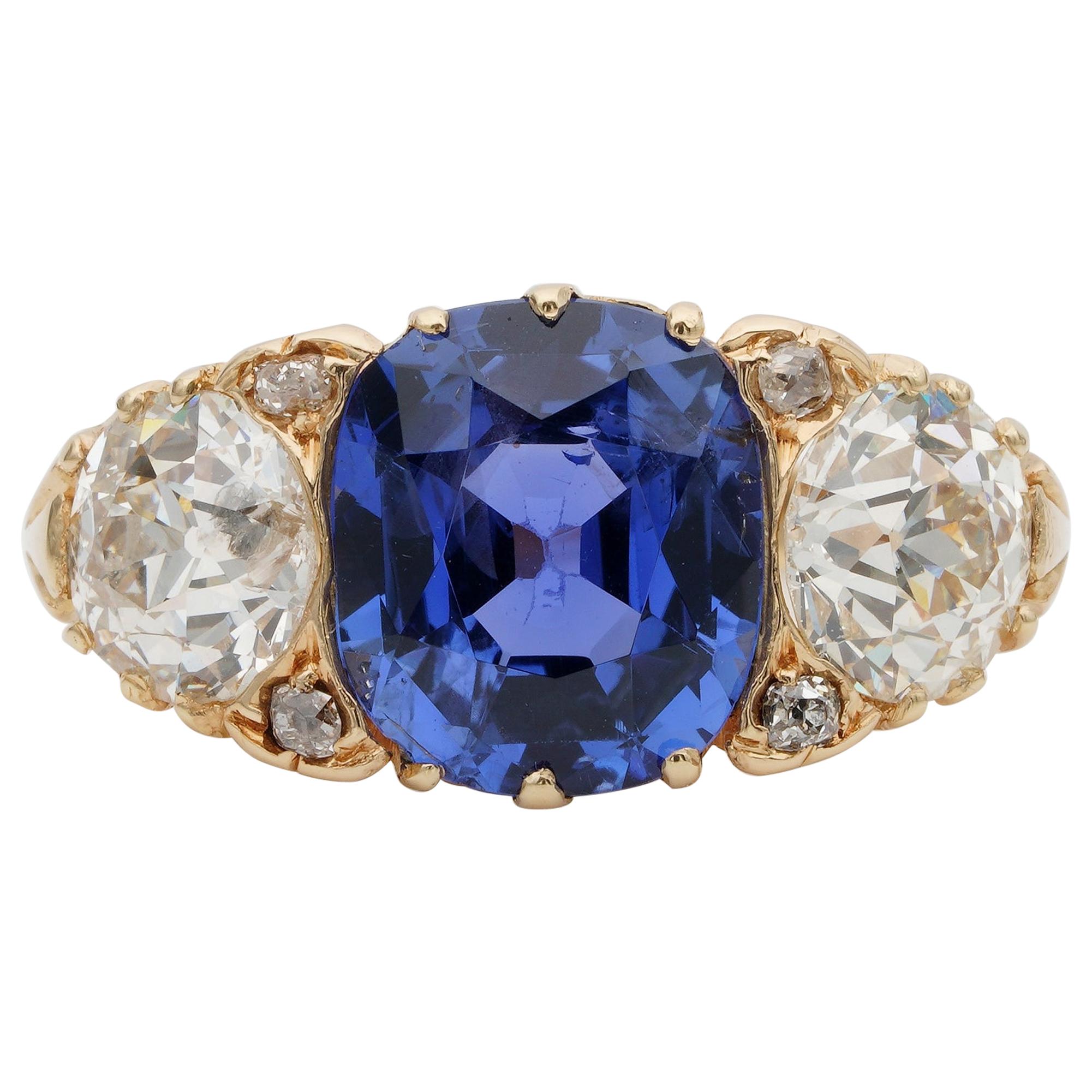 Rare Edwardian 3.48 Ct NO Heat Ceylon Sapphire 2.25 Ct Diamond Plus Trilogy Ring For Sale