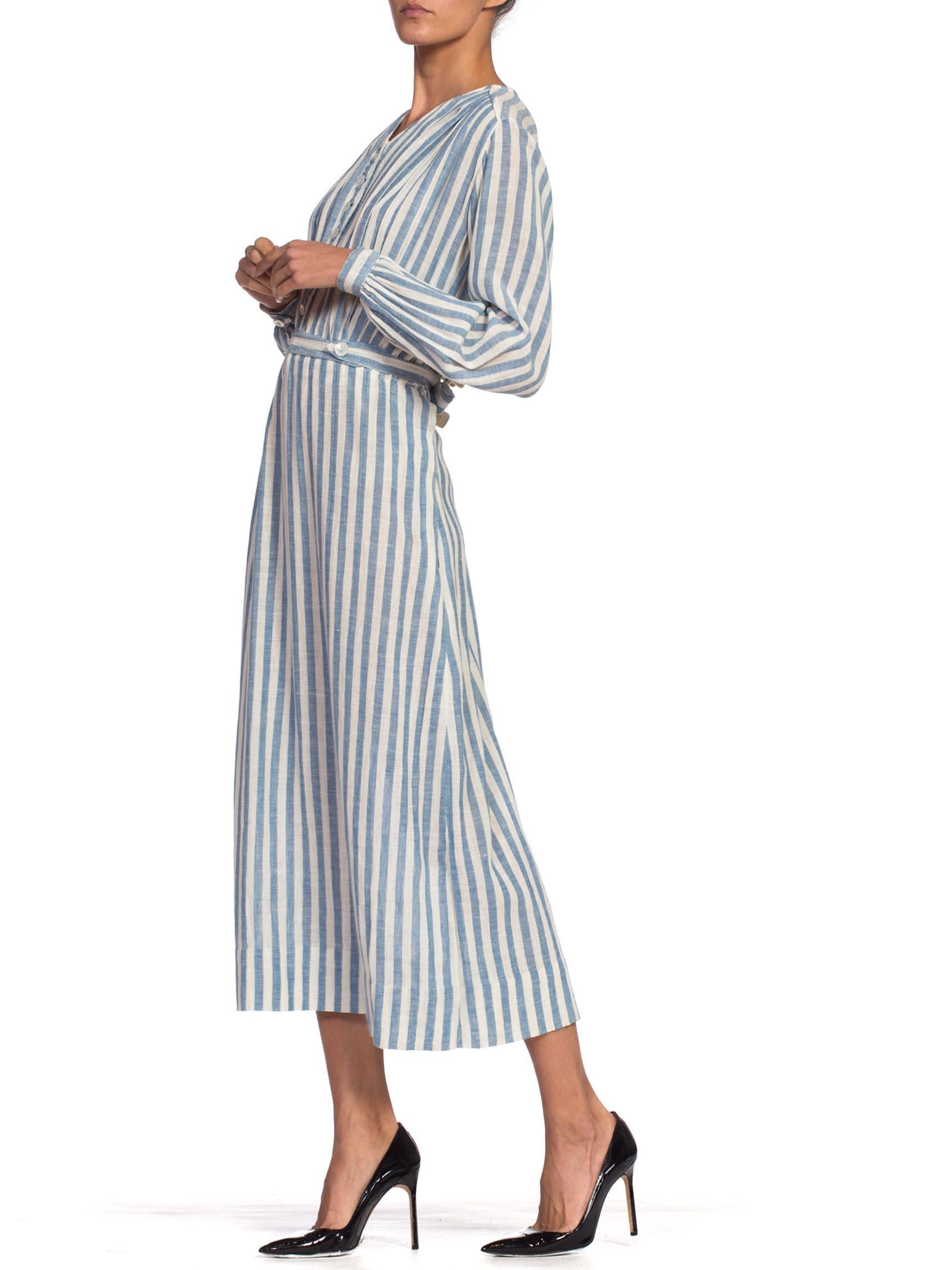 Edwardian Blue & White Striped Organic Cotton Lightweight Long Sleeve Dress With Belt