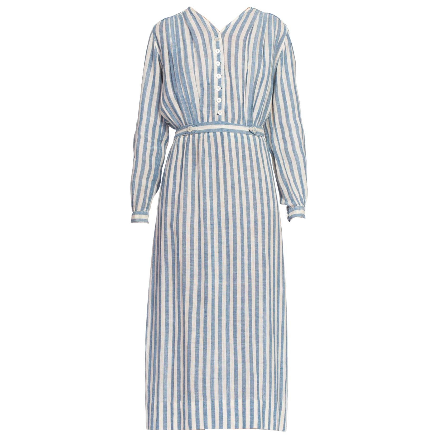 Edwardian Blue & White Striped Organic Cotton Lightweight Long Sleeve Dress Wit