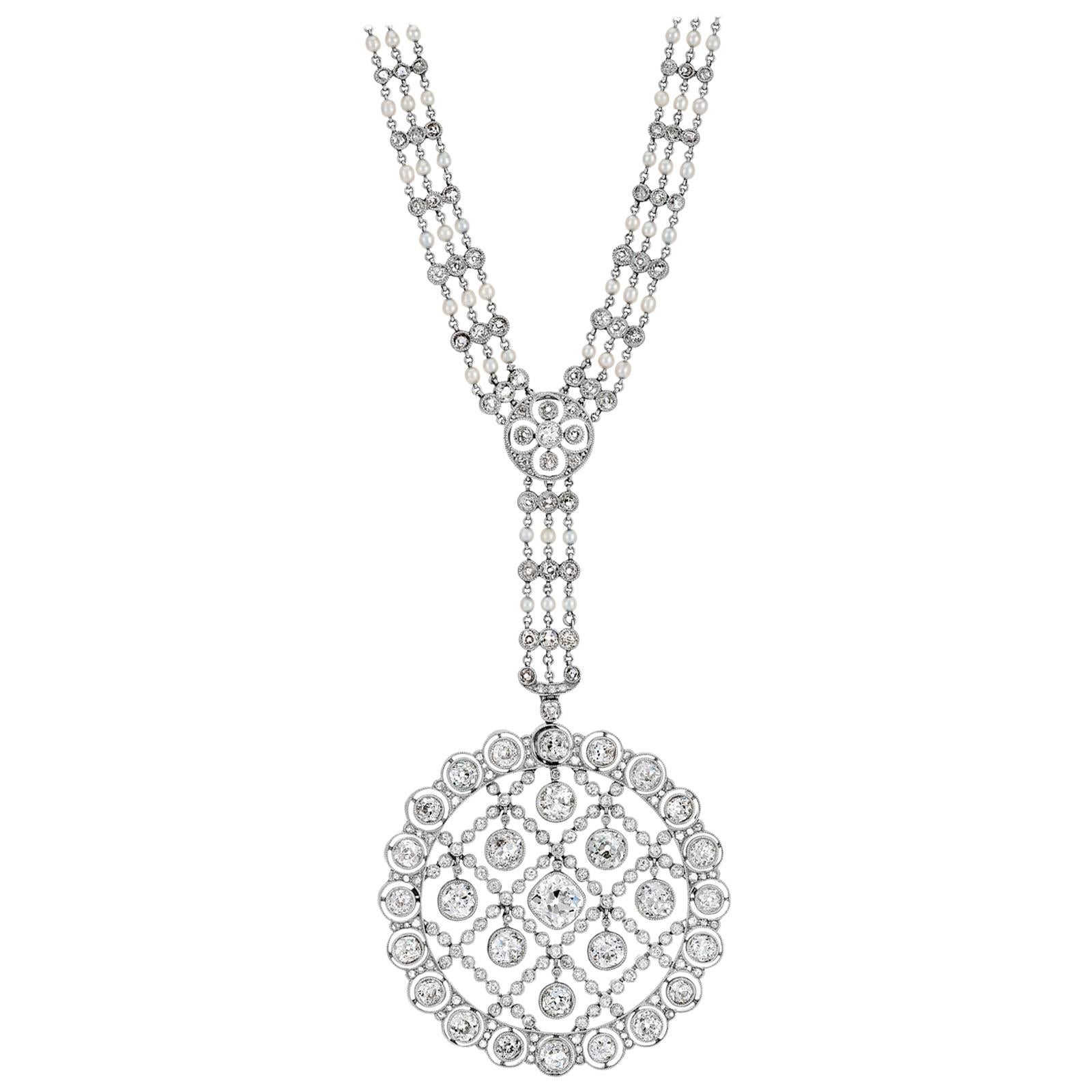 Rare Edwardian Platinum Diamond and Seed Pearl Pendant Necklace, circa 1910