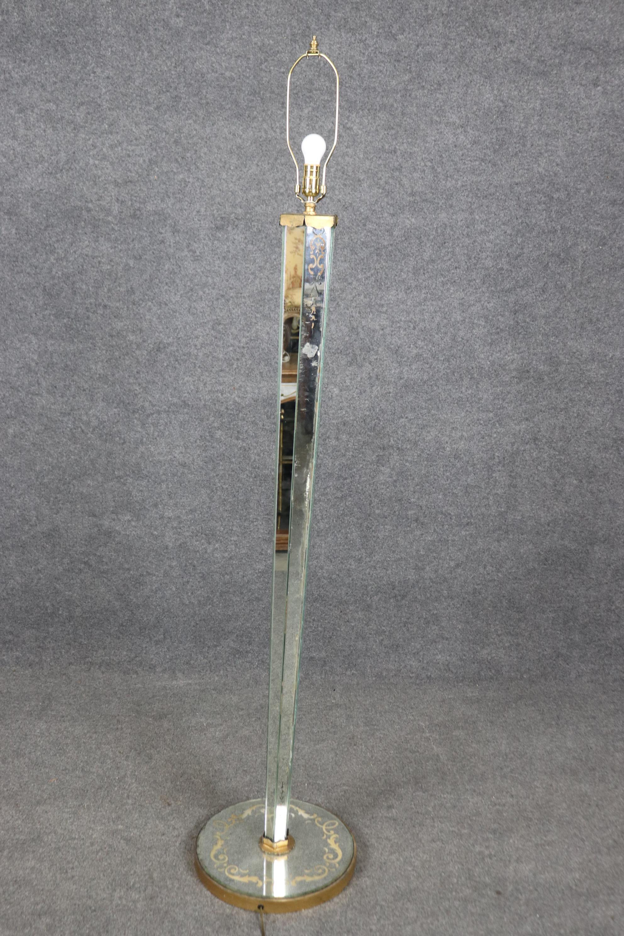 Hollywood Regency Rare Eglomise Paint Decorated Mirrored Floor Lamp Attributed Maison Jansen  For Sale