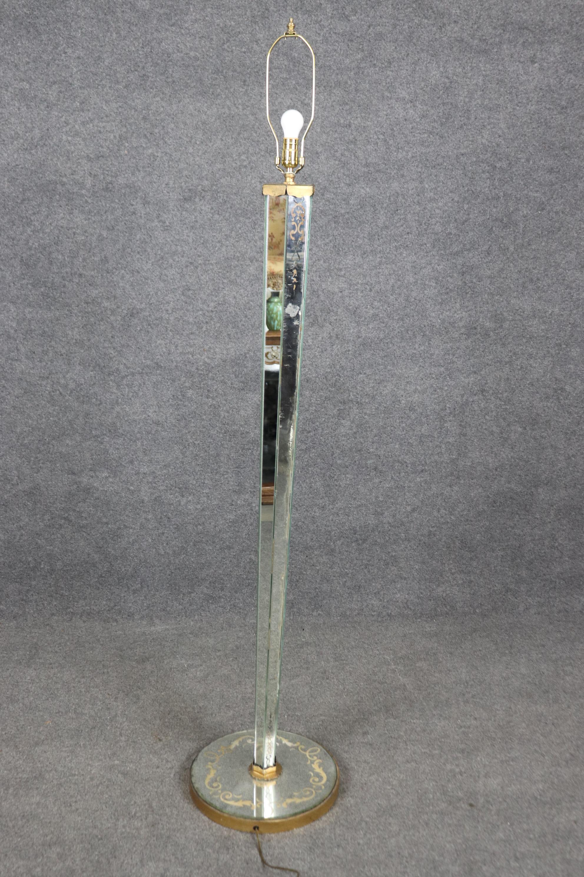 French Rare Eglomise Paint Decorated Mirrored Floor Lamp Attributed Maison Jansen  For Sale