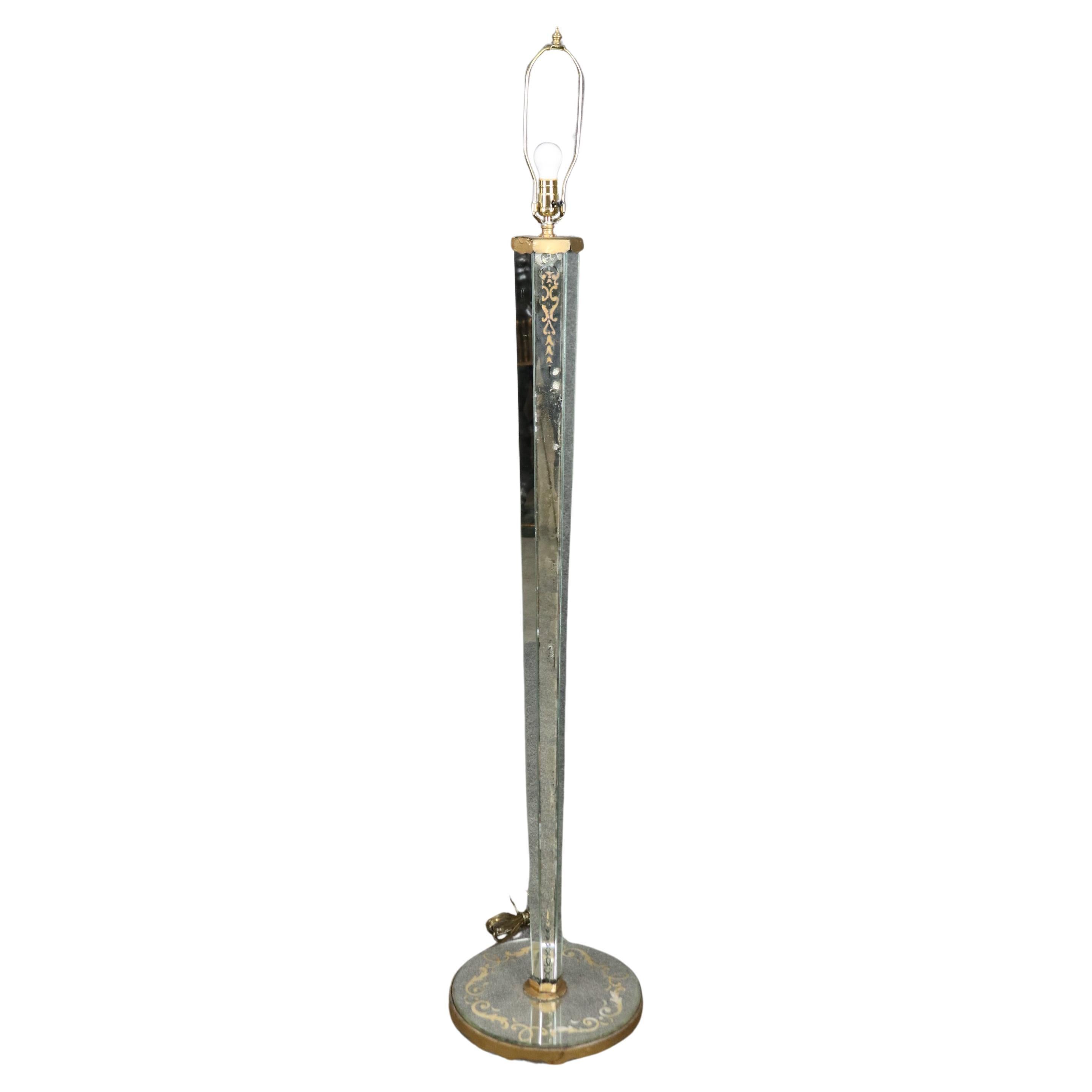 Rare Eglomise Paint Decorated Mirrored Floor Lamp Attributed Maison Jansen  For Sale