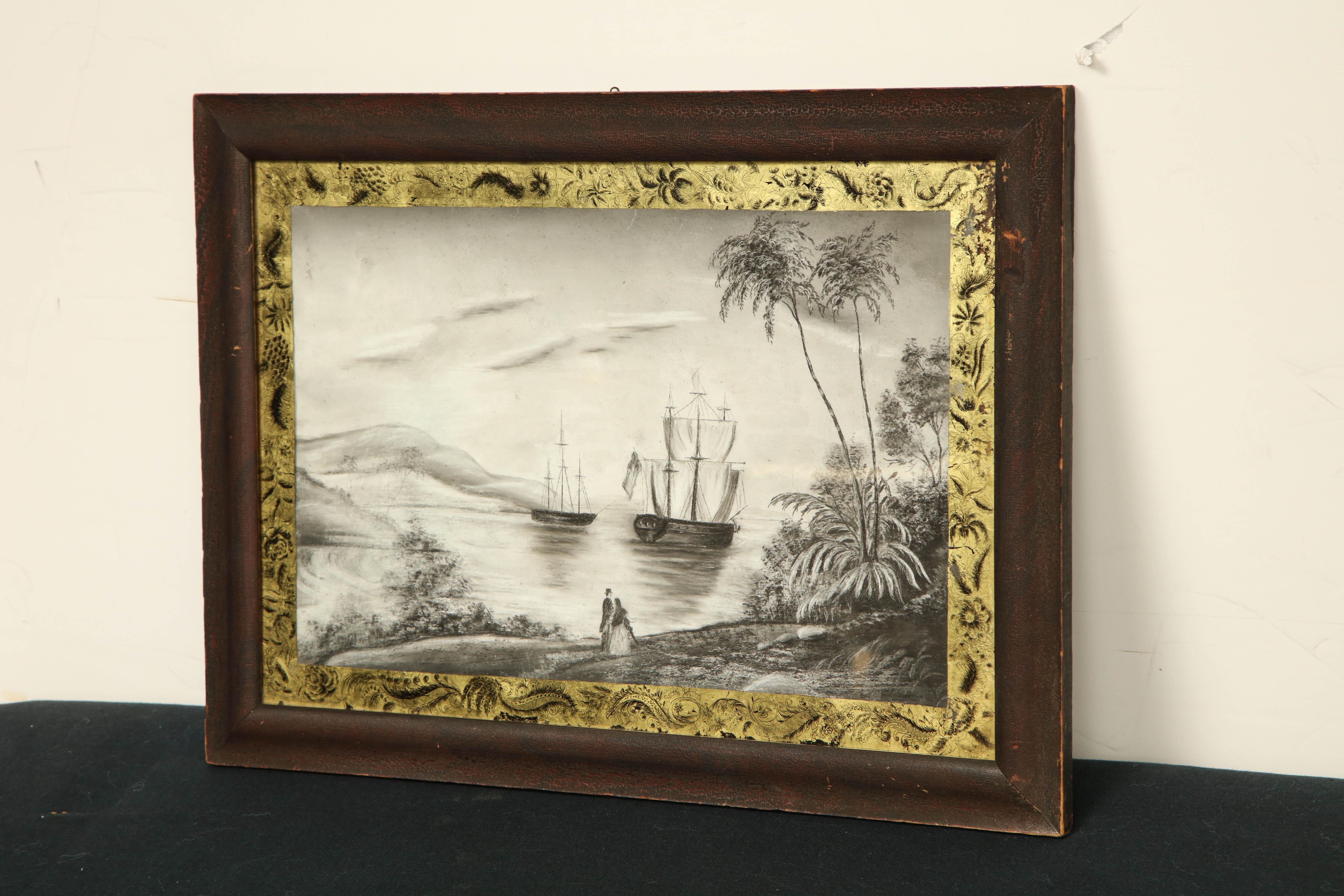 A rare eglomise picture of American ship off shore with original frame.