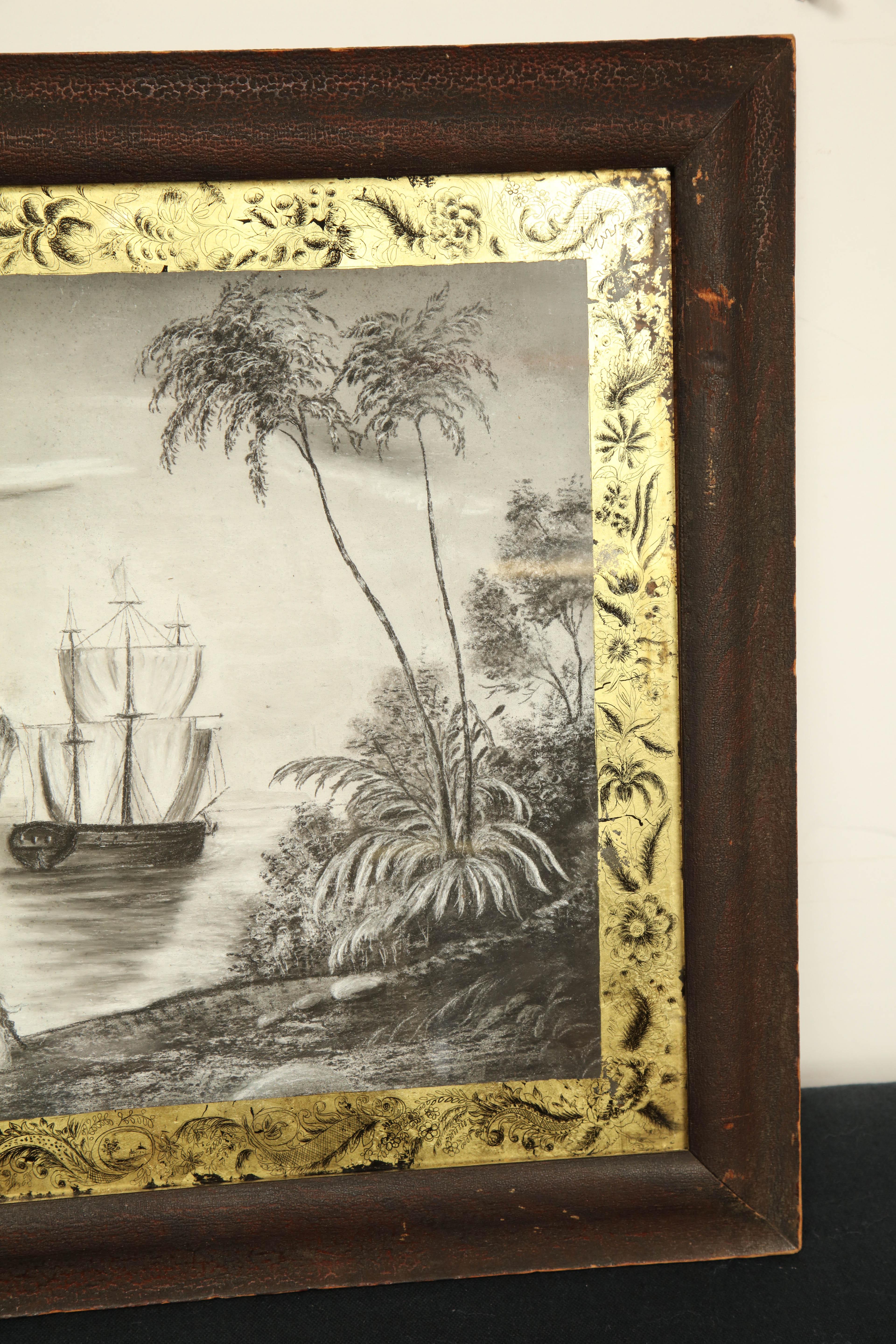 Early 19th Century Rare Eglomise Picture of American Ship