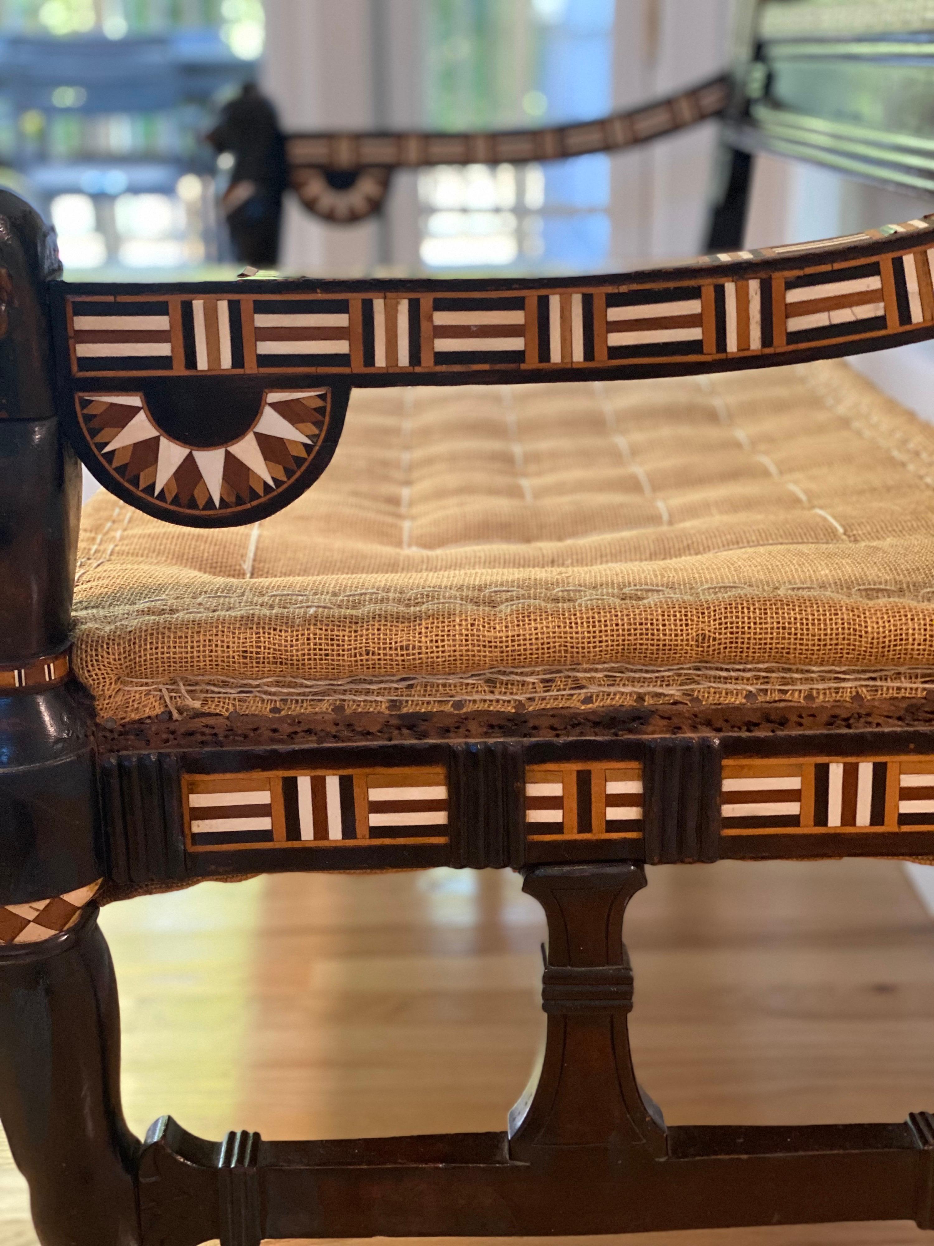 Rare Egyptian Revival Ebony and Inlaid Settee, Late 19th Century For Sale 5