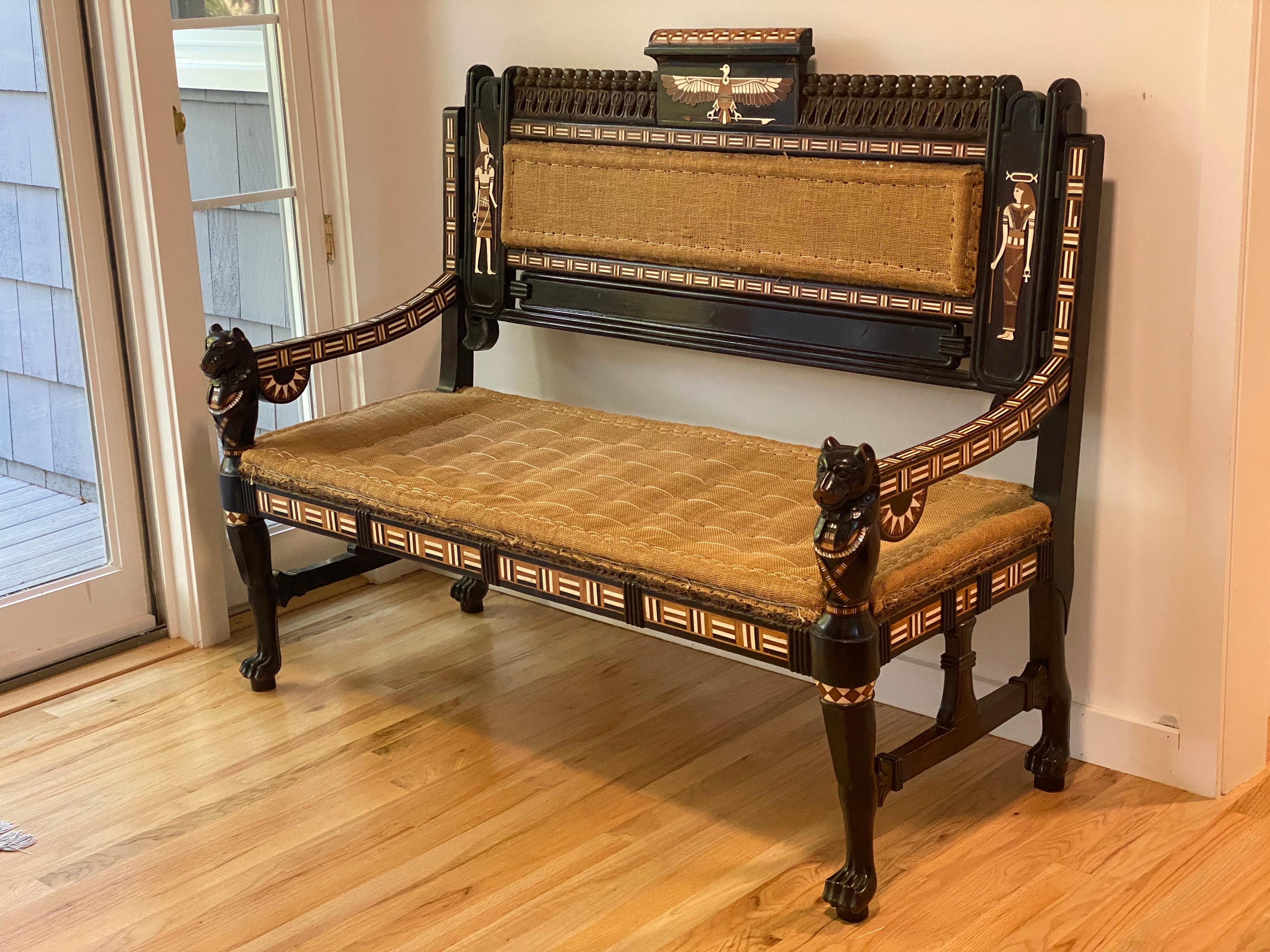 Rare Egyptian Revival Ebony and Inlaid Settee, Late 19th Century For Sale 12
