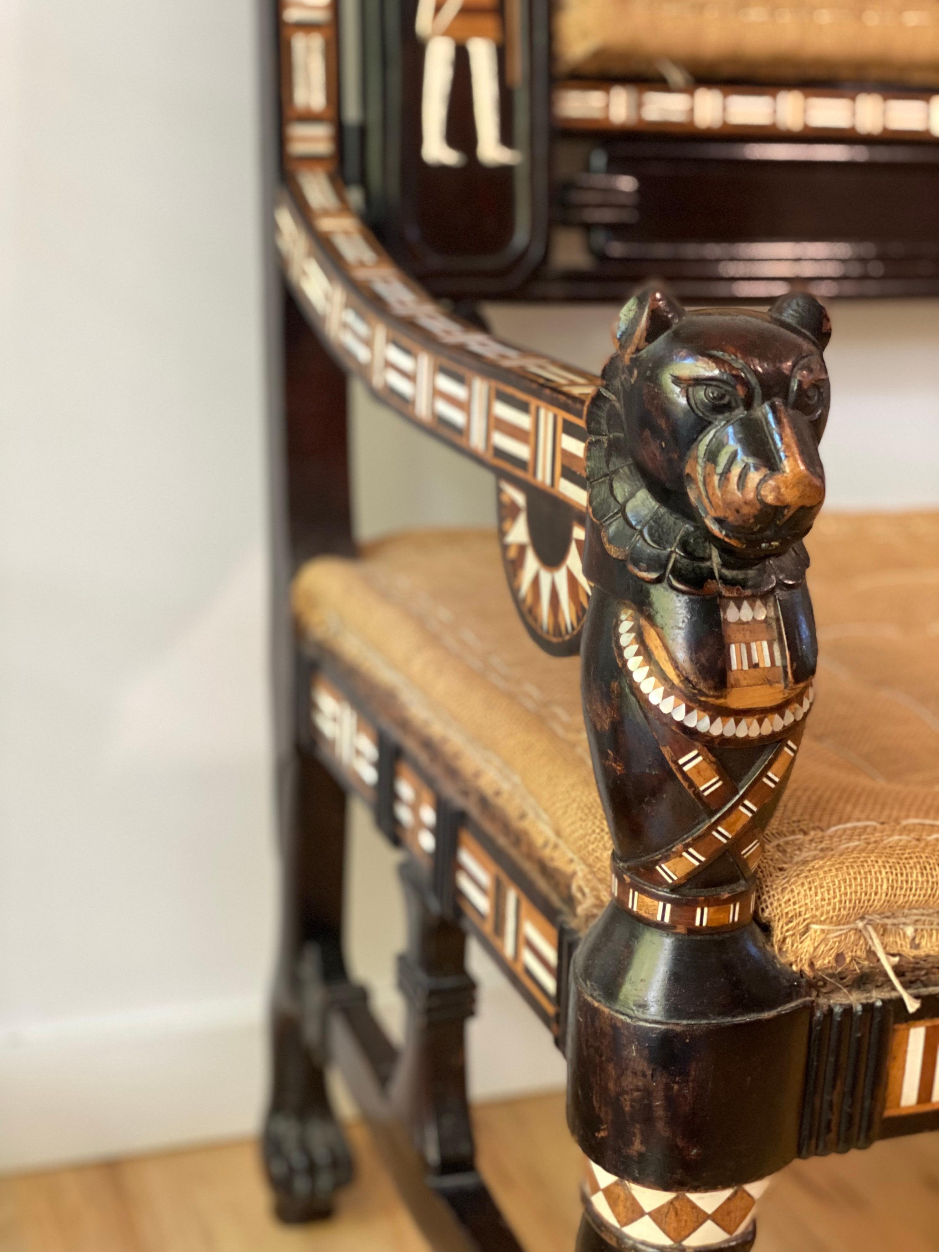 British Rare Egyptian Revival Ebony and Inlaid Settee, Late 19th Century For Sale