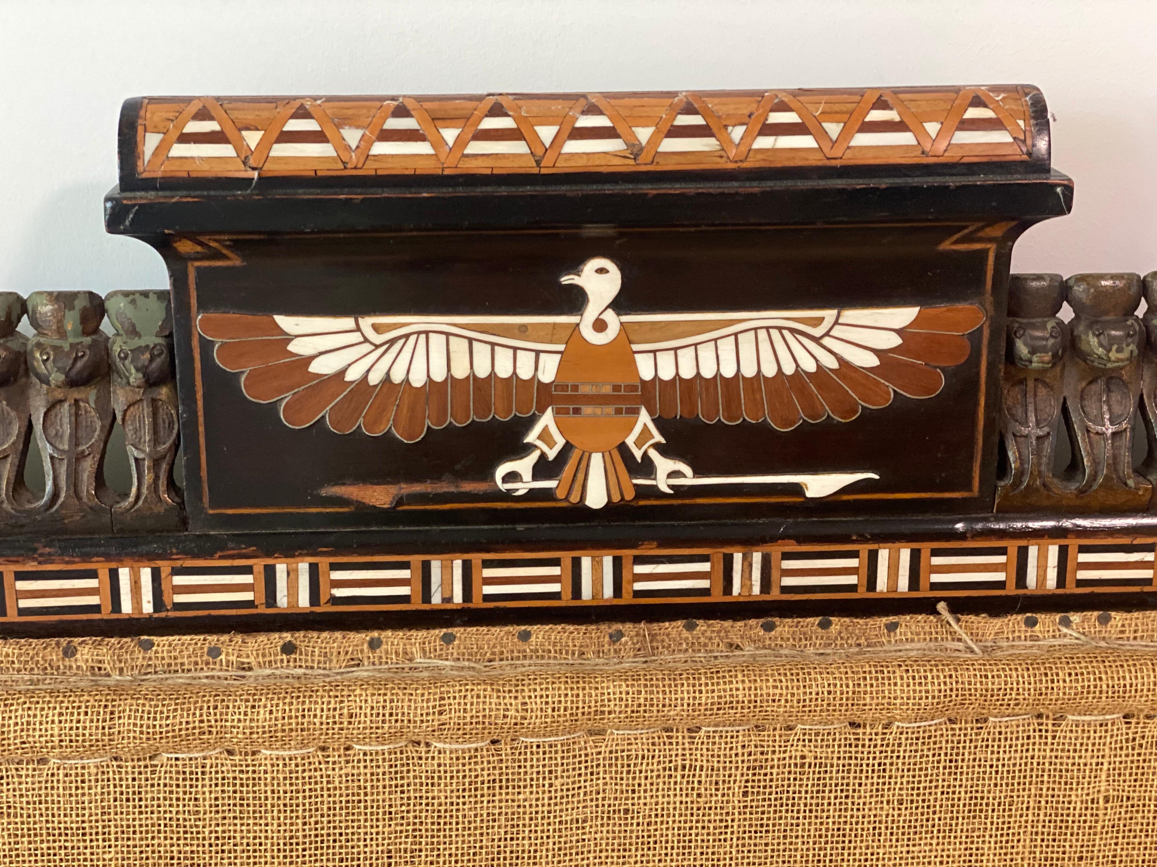 Rare Egyptian Revival Ebony and Inlaid Settee, Late 19th Century In Good Condition For Sale In Southampton, NY