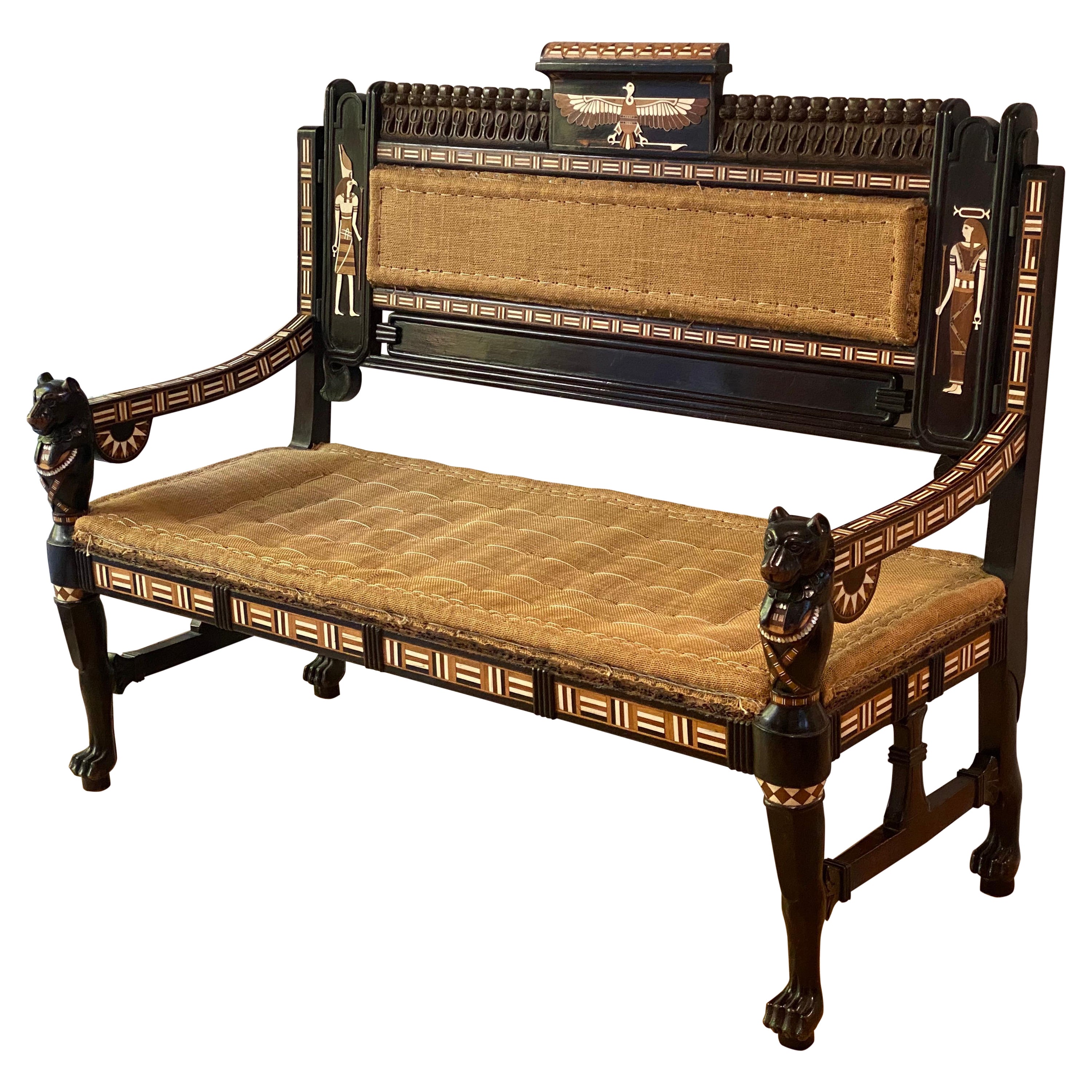 Seltene Settee aus Ebenholz mit Intarsien im ägyptischen Revival-Stil, spätes 19. Jahrhundert im Angebot