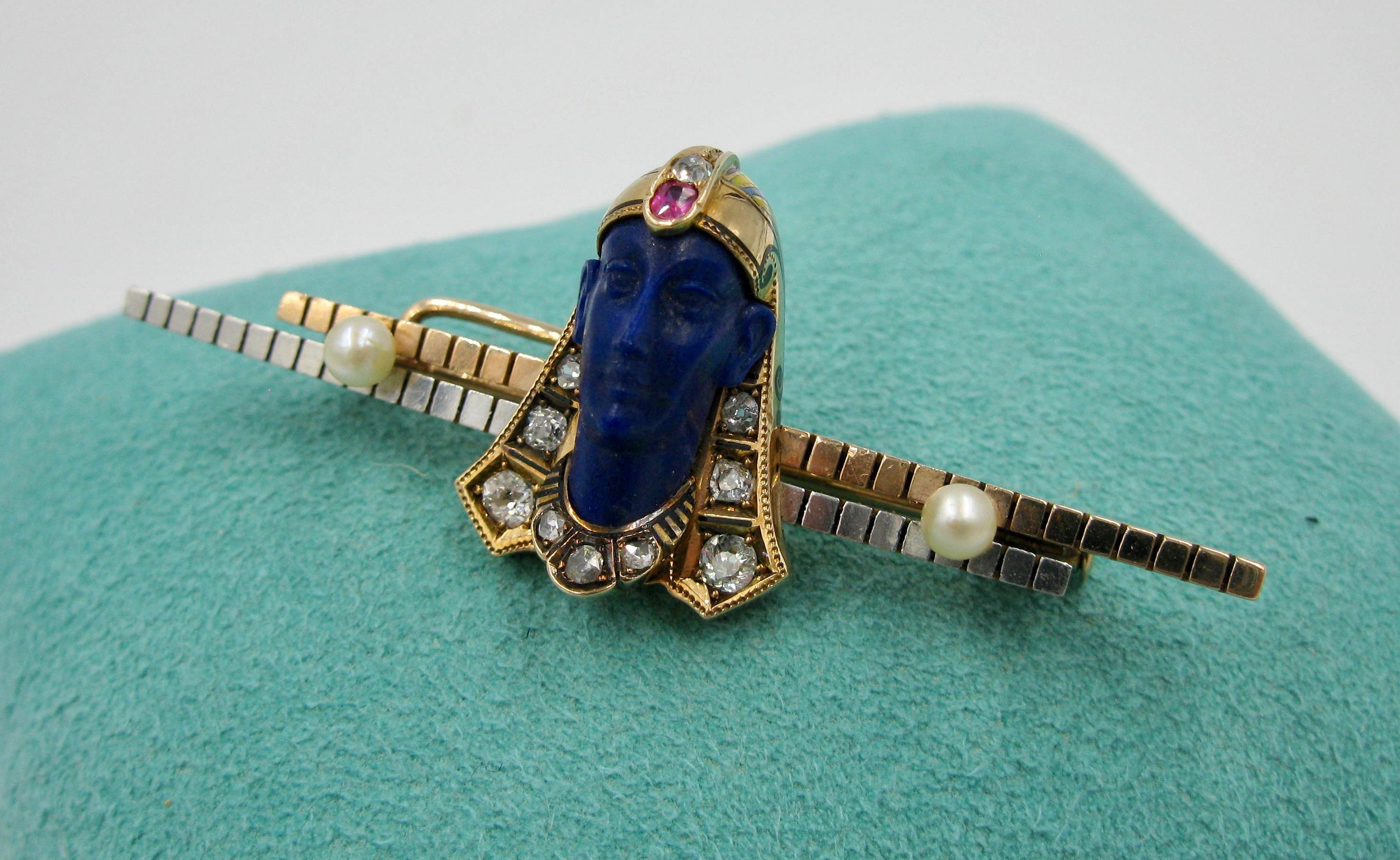 Rare Egyptian Revival Pharoah Brooch Lapis Diamond Ruby Pearl Enamel Art Deco For Sale 4