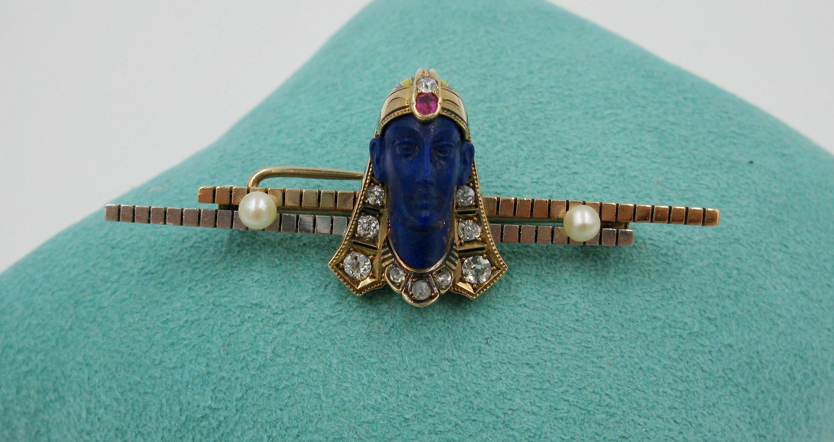 Rose Cut Rare Egyptian Revival Pharoah Brooch Lapis Diamond Ruby Pearl Enamel Art Deco For Sale