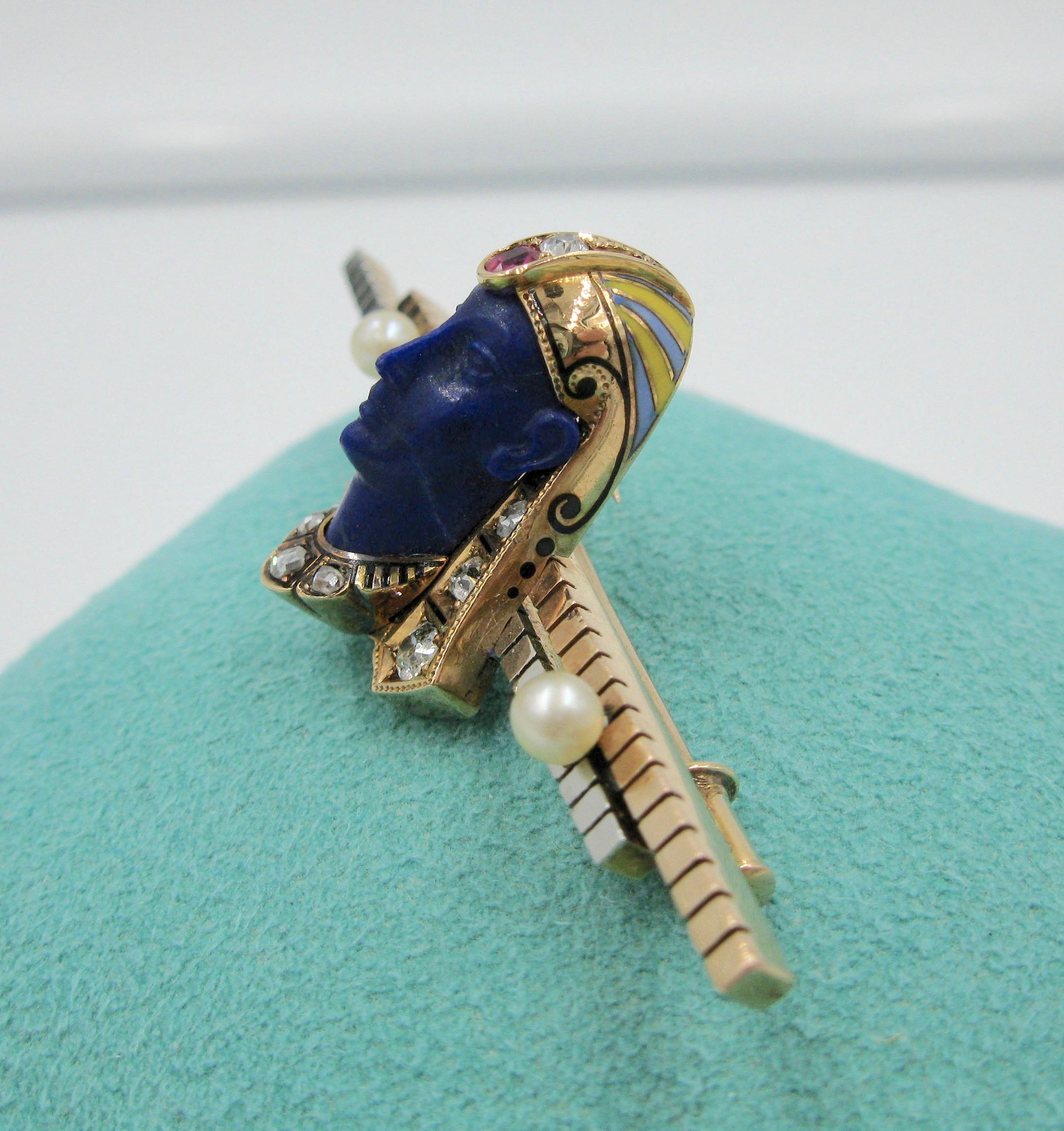Rare Egyptian Revival Pharoah Brooch Lapis Diamond Ruby Pearl Enamel Art Deco In Excellent Condition For Sale In New York, NY