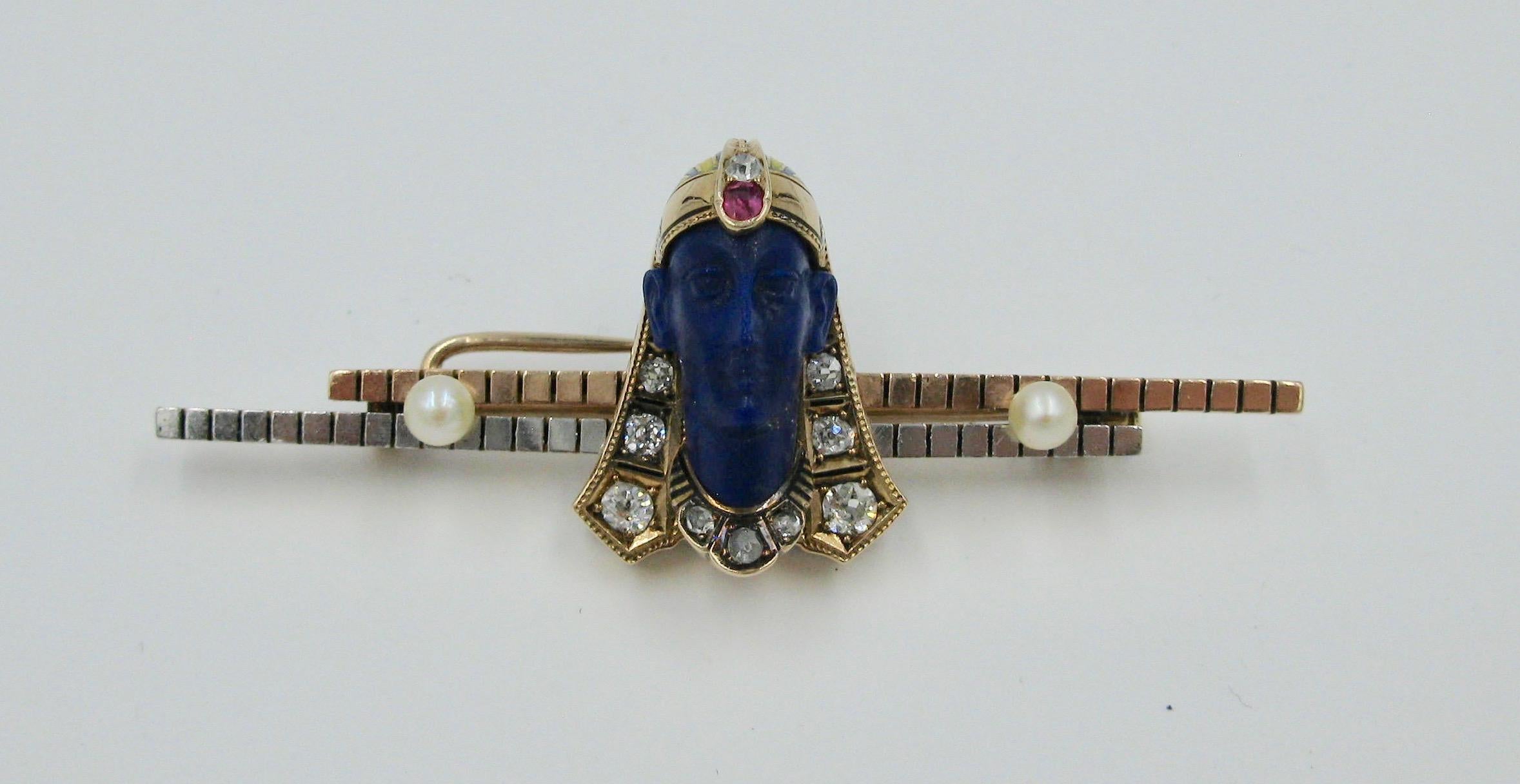 Women's Rare Egyptian Revival Pharoah Brooch Lapis Diamond Ruby Pearl Enamel Art Deco For Sale