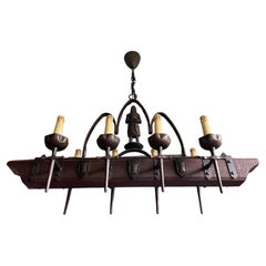 Rare Eight-Light Medieval Style Chandelier with Bronzed Knight & Swords & Crests