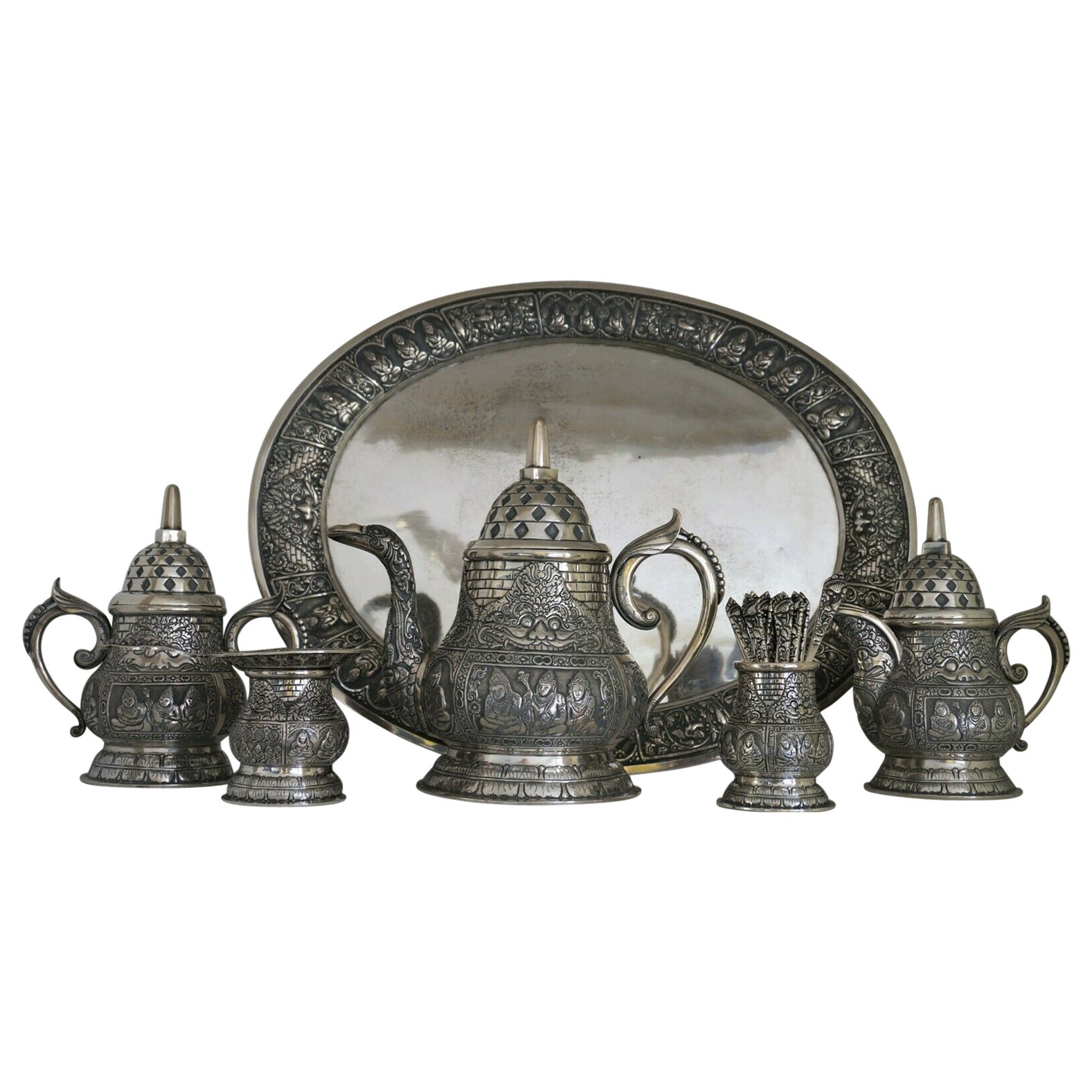Service à thé Jogja rare et décoré de manière élaborée, 800/1000, atelier Moeljodihardjo en vente