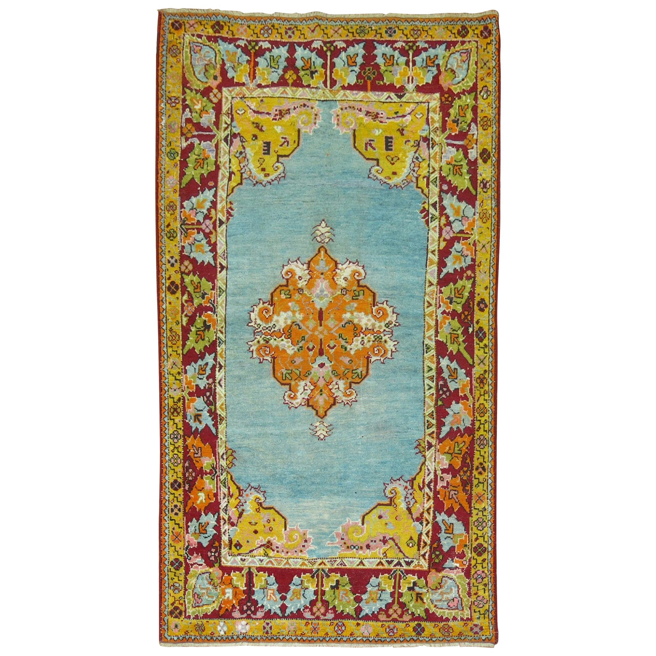 Rare Electric Blue Field Antique Turkish Melas Small Early 20th Century Rug For Sale