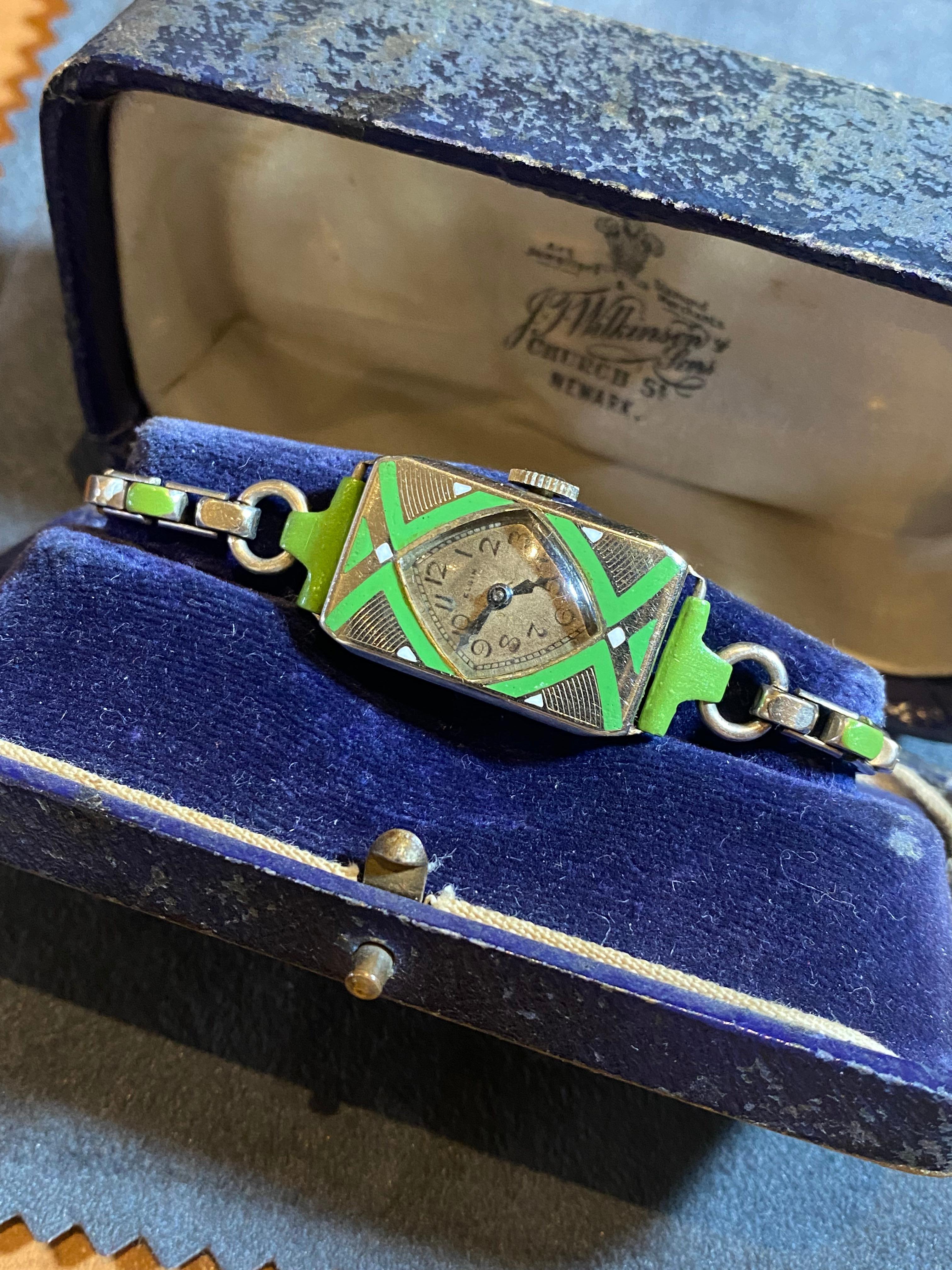Seltene Elgin Madame Jenny Art-Deco c 1928 Damenuhr in 14K Gold gefüllt und Emaille 5