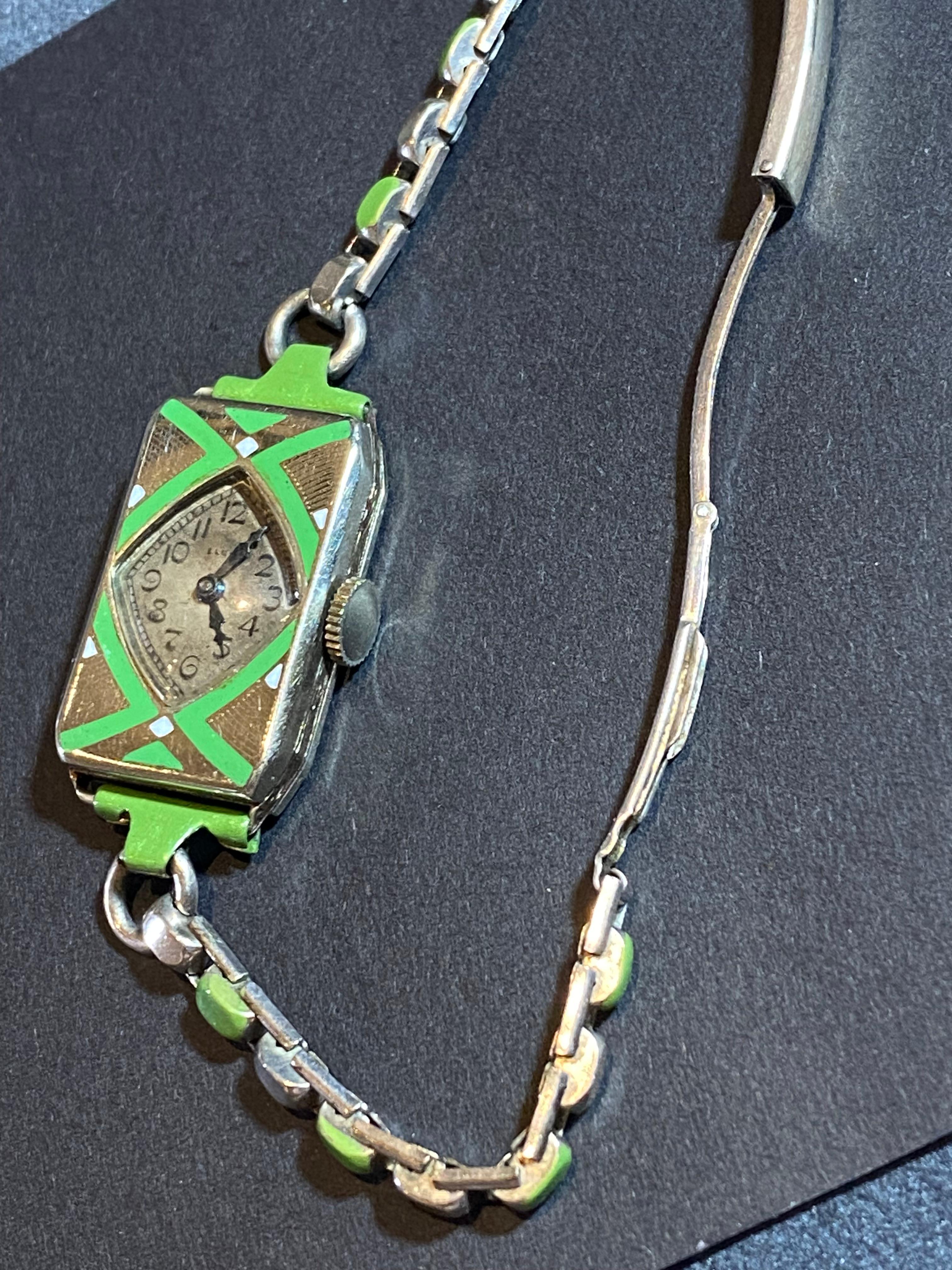 Seltene Elgin Madame Jenny Art-Deco c 1928 Damenuhr in 14K Gold gefüllt und Emaille 2