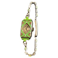 Seltene Elgin Madame Jenny Art-Deco c 1928 Damenuhr in 14K Gold gefüllt und Emaille