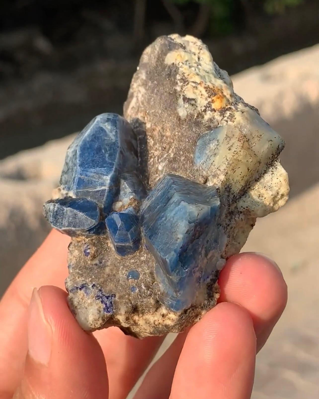 Adam Style Rare Elongated Vivid Blue Afghanite Crystals On Calcite From Afghanistan For Sale