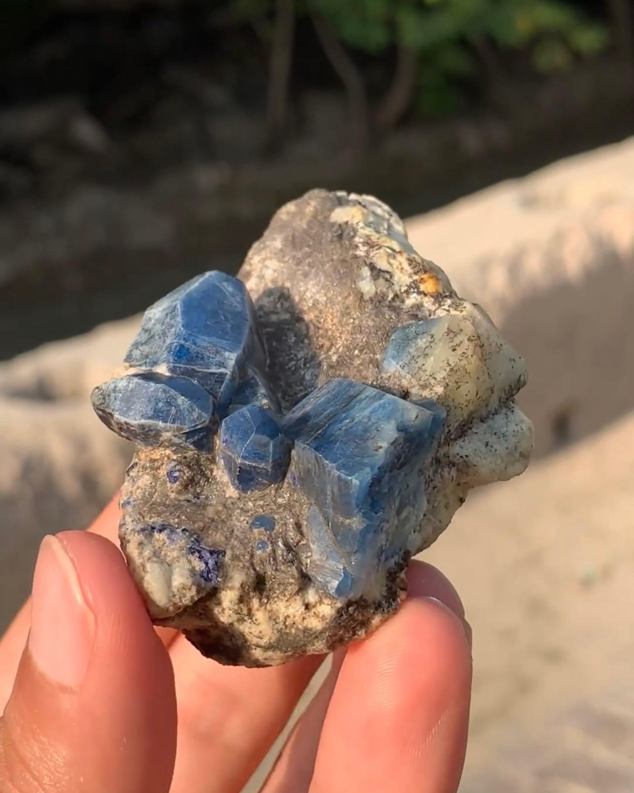 Contemporary Rare Elongated Vivid Blue Afghanite Crystals On Calcite From Afghanistan For Sale