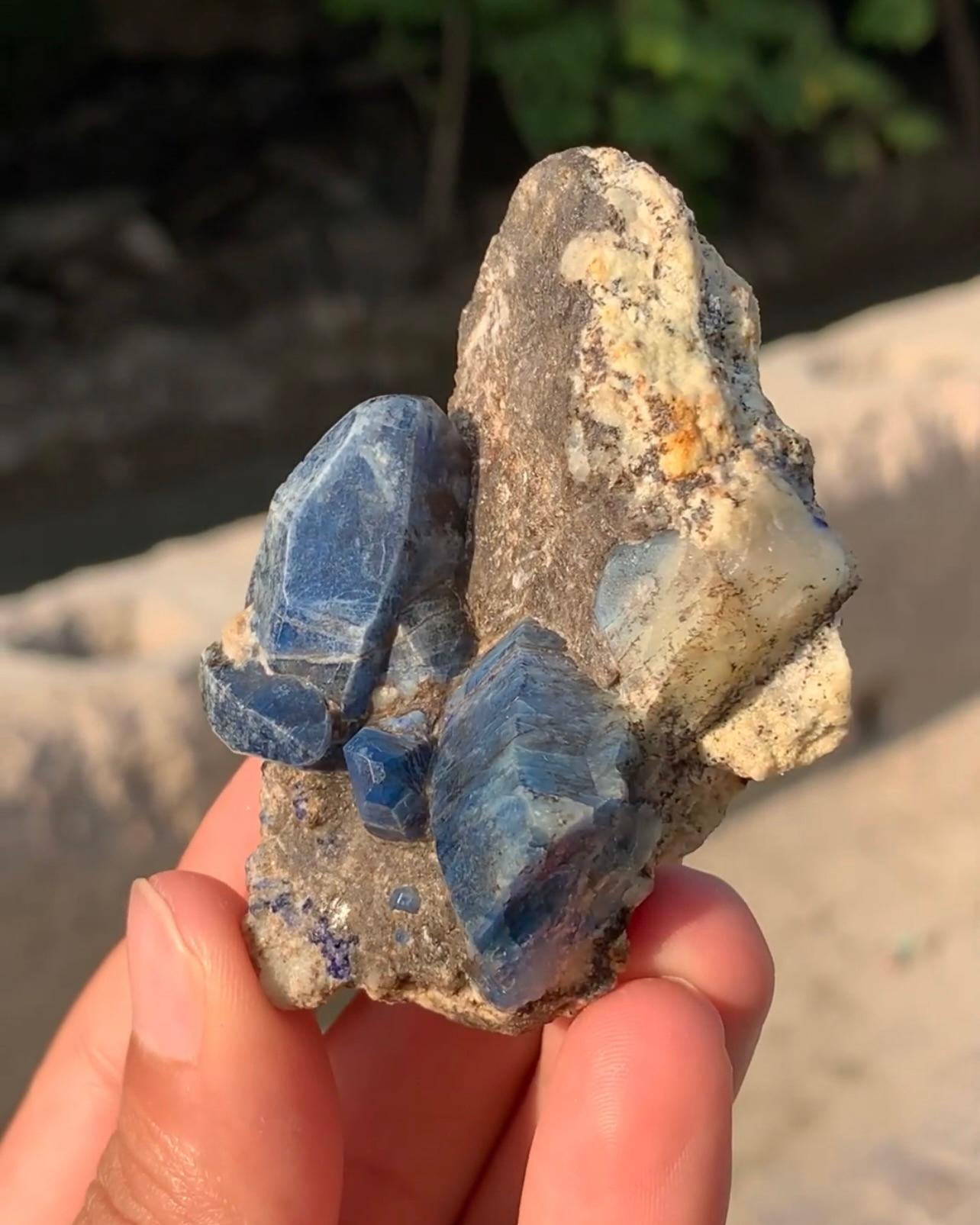 Other Rare Elongated Vivid Blue Afghanite Crystals On Calcite From Afghanistan For Sale