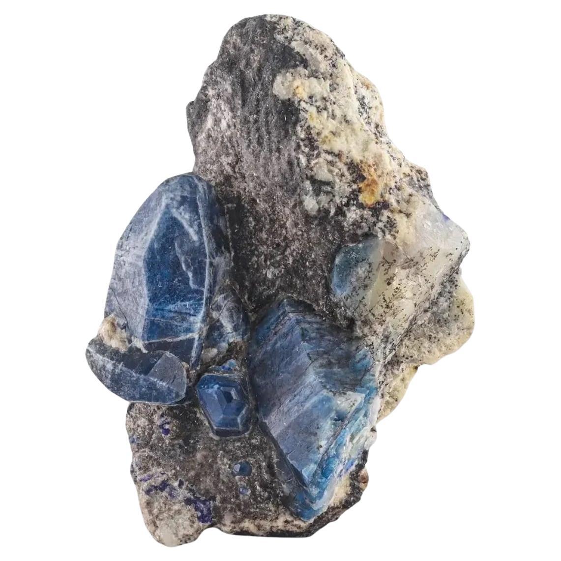 Rare Elongated Vivid Blue Afghanite Crystals On Calcite From Afghanistan For Sale