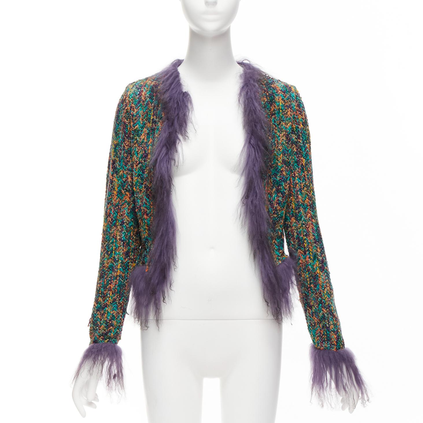 Gray rare EMANUEL UNGARO faux fur trim green speckled tweed cropped jacket IT38 XS For Sale