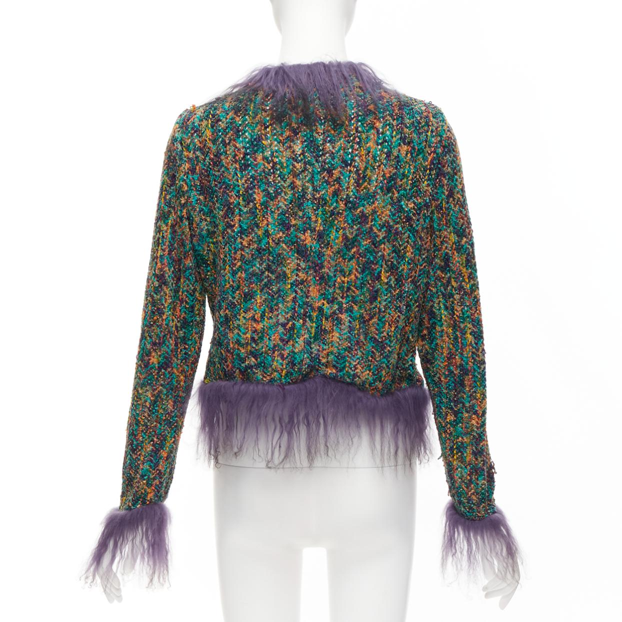rare EMANUEL UNGARO faux fur trim green speckled tweed cropped jacket IT38 XS For Sale 1